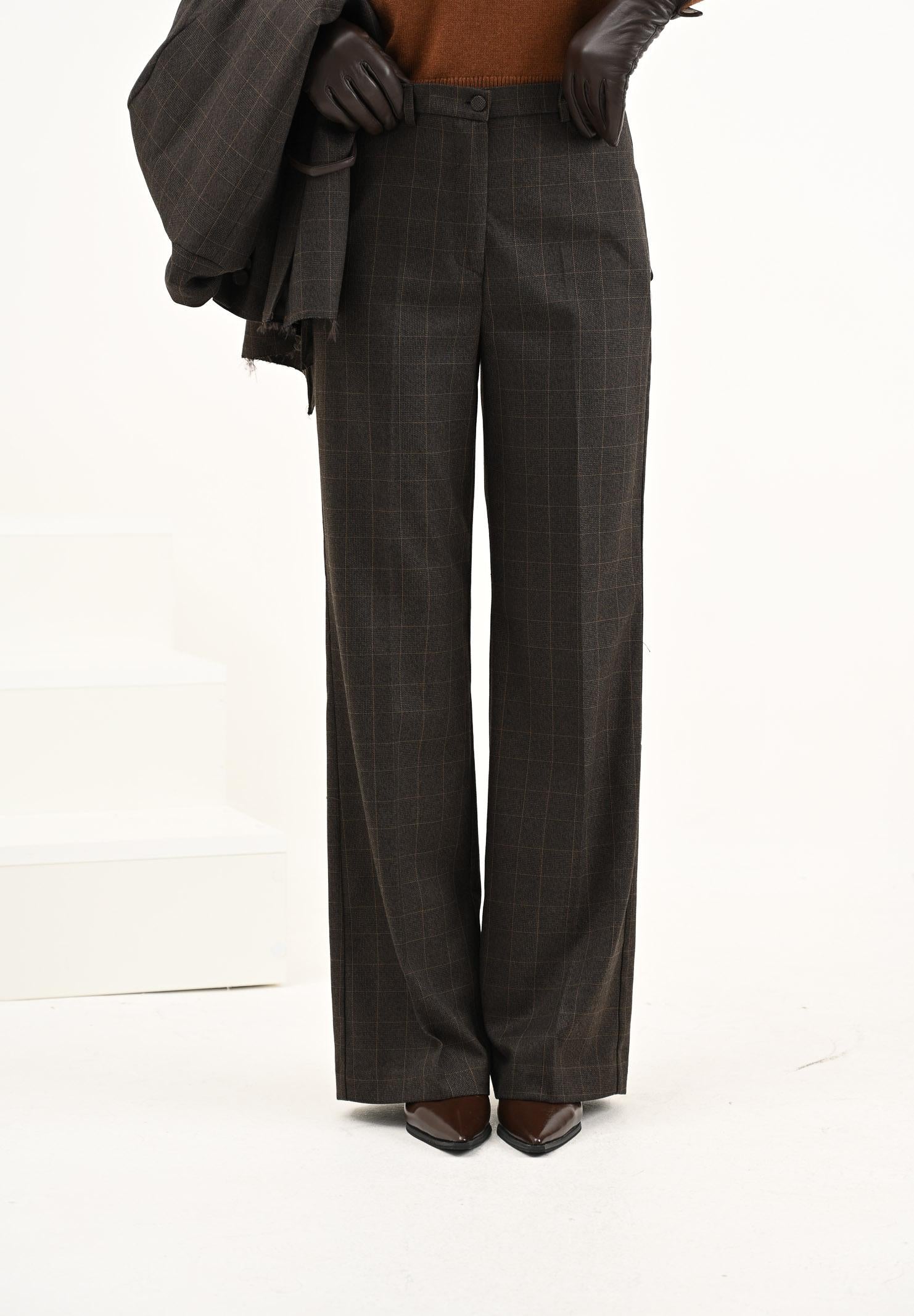 VICOLO Pantalone elegante marrone da donna con motivo a quadri sottili TF0234 FFMO VICOLO 