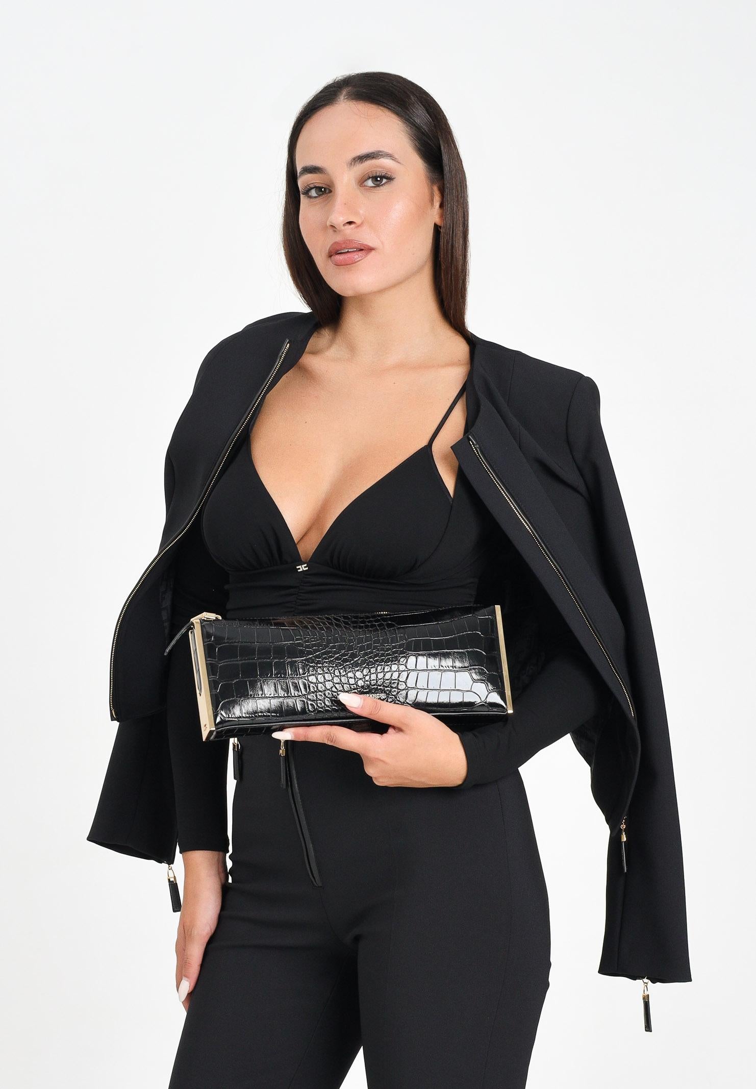 ELISABETTA FRANCHI Giacca nera da donna in doppio crêpe con dettagli zip<BR/> GI17356E2 110 ELISABETTA FRANCHI 