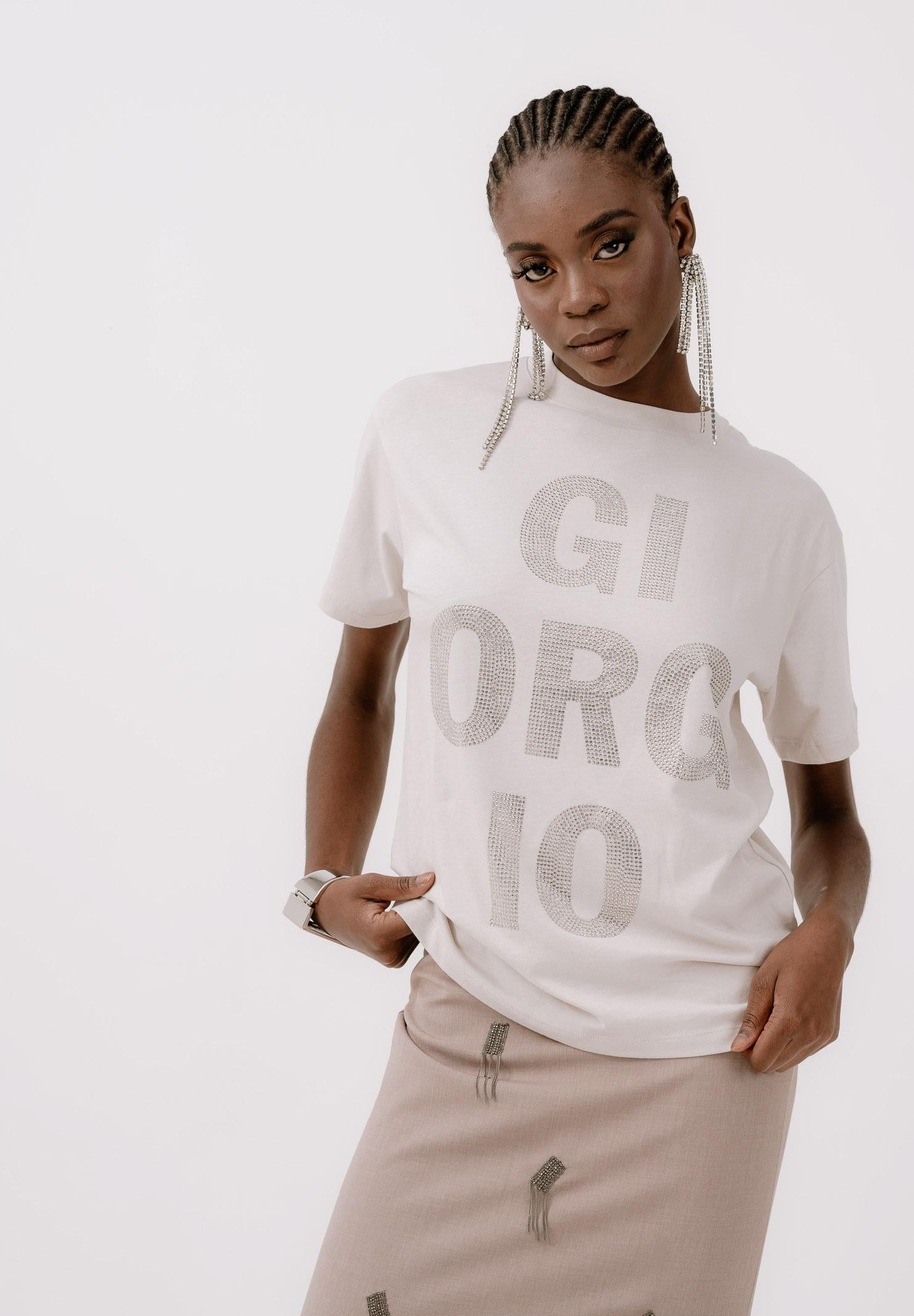 ARMANI EXCHANGE T-shirt a manica corta beige da donna con stampa Giorgio in strass XW001354AF17172 U1094 ARMANI EXCHANGE 