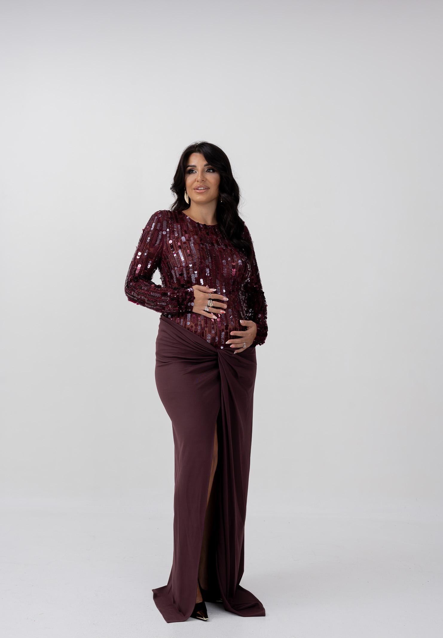 ELISABETTA FRANCHI Abito lungo bordeaux da donna in tulle e jersey con paillettes ABR2057E2 CG3 ELISABETTA FRANCHI 