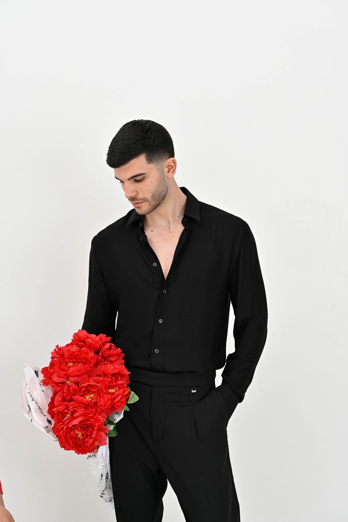 Camicia a manica lunga nera da uomo in twill di viscosa 5C0310/A093J K103 PATRIZIA PEPE 