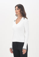 PINKO Maglioncino con scollo a V bianco da donna con profili a righe nere 105418A2PS Z10 PINKO 