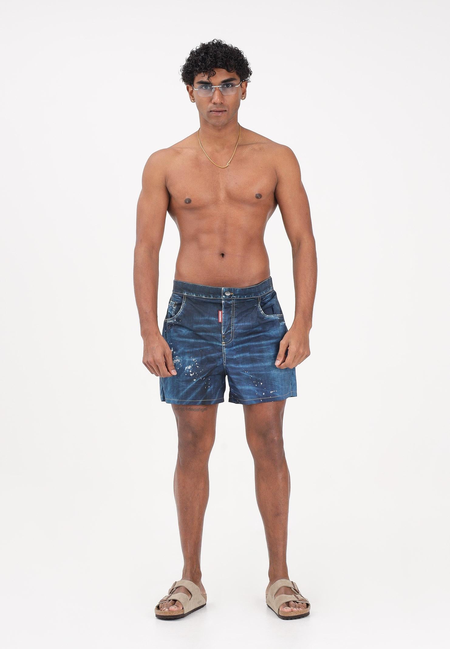 DSQUARED2 Shorts mare blu da uomo effetto denim con dettagli used D7B626690 427 DSQUARED2 