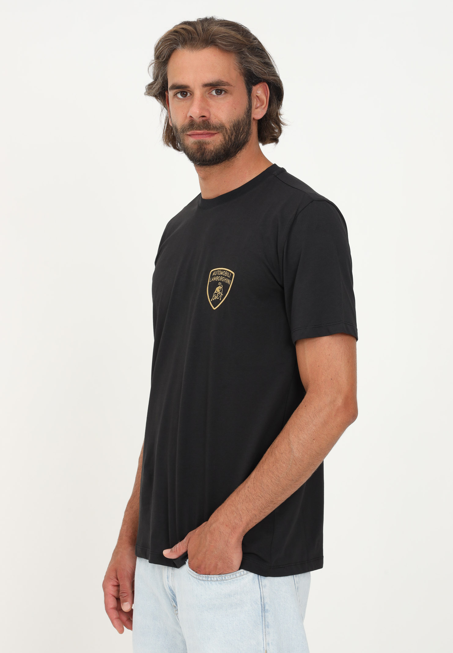 T-shirt Lamborghini nero uomo casual manica corta con logo scudo