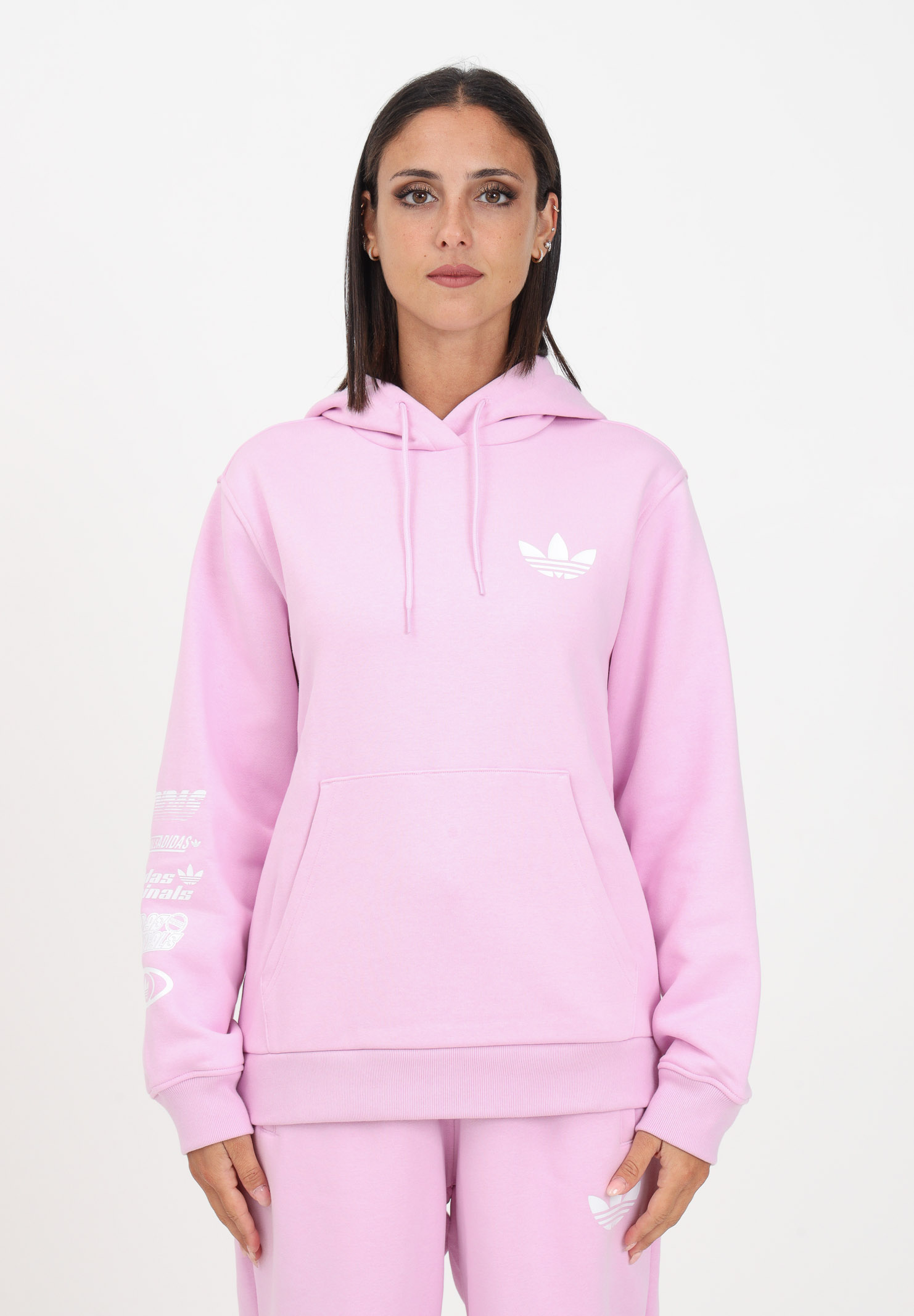 Pink hooded sweatshirt for women embellished with multiple logo ADIDAS ORIGINALS | IJ6015.