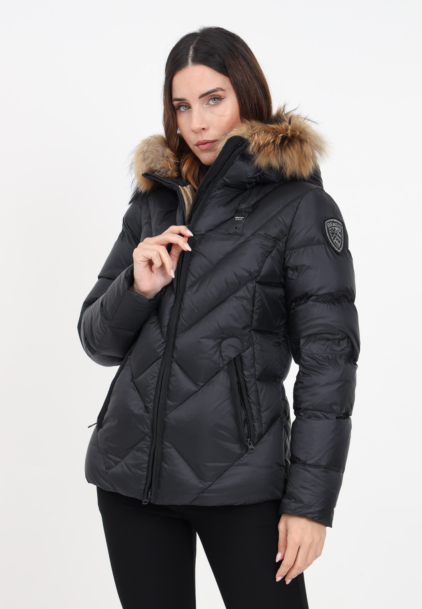 Black down jacket with hood and rhinestone logo for women - BLAUER ...