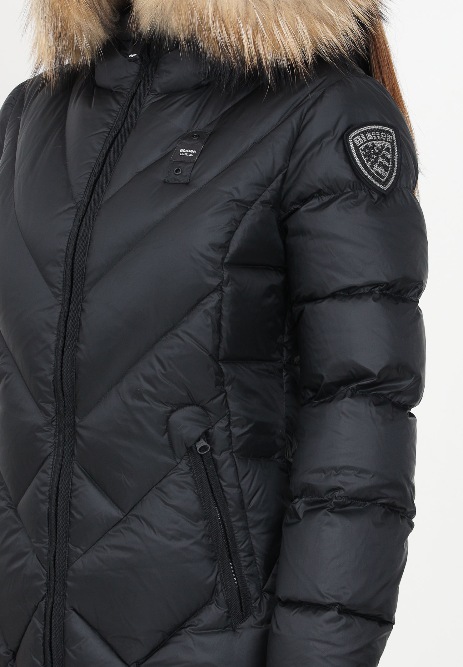 Black down jacket with hood and rhinestone logo for women - BLAUER ...