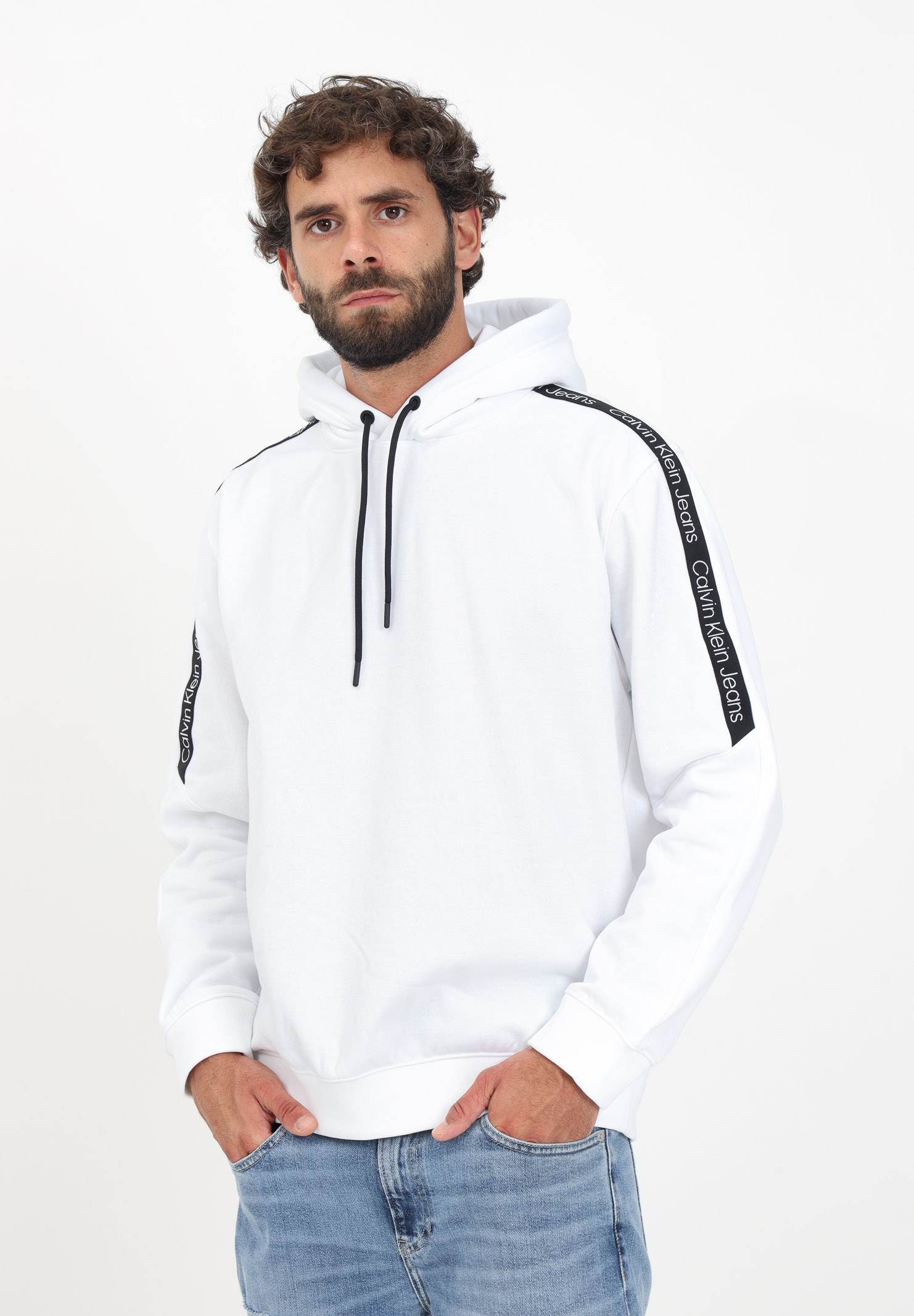 White men's sweatshirt with hood and logo tape along the shoulders CALVIN KLEIN JEANS | J30J323429YAFYAF