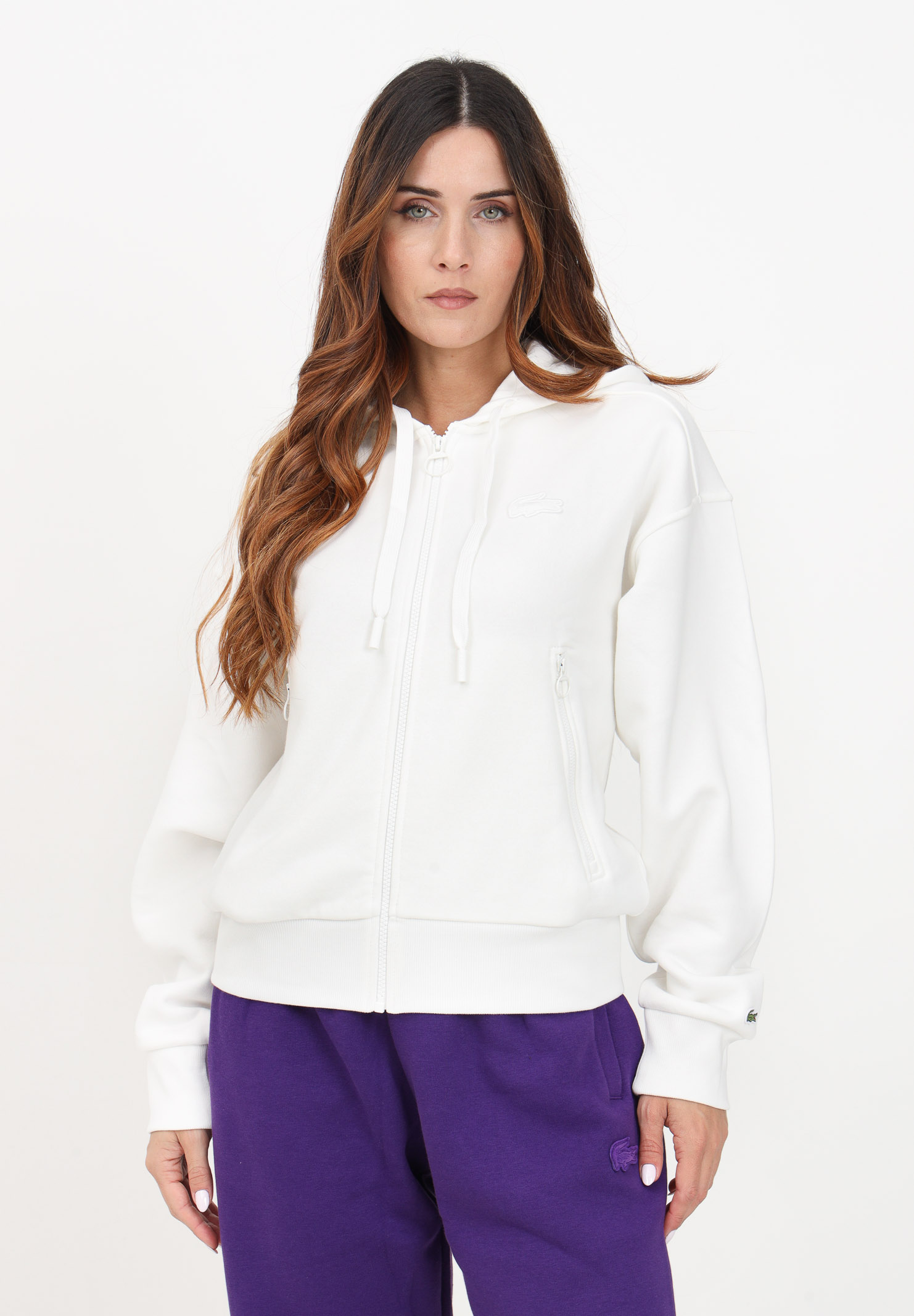 White sweatshirt with hood and logo for women LACOSTE | SF187770V