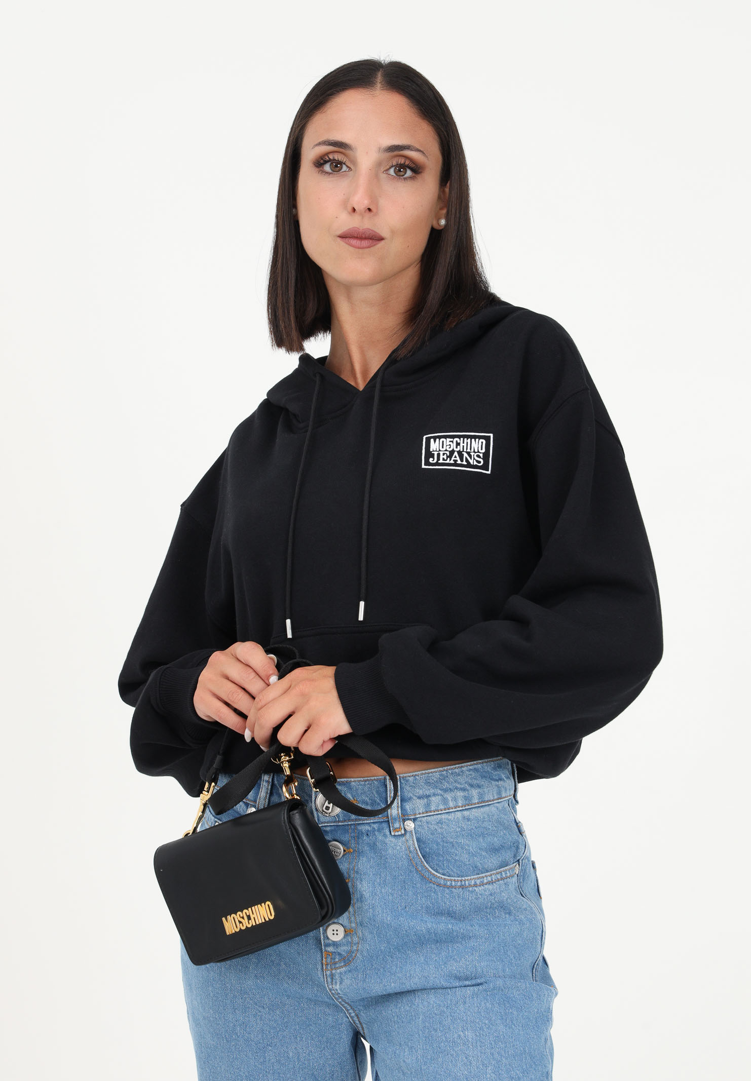 Black women's sweatshirt with hood and logo embroidery MO5CH1NO JEANS | A171282571555