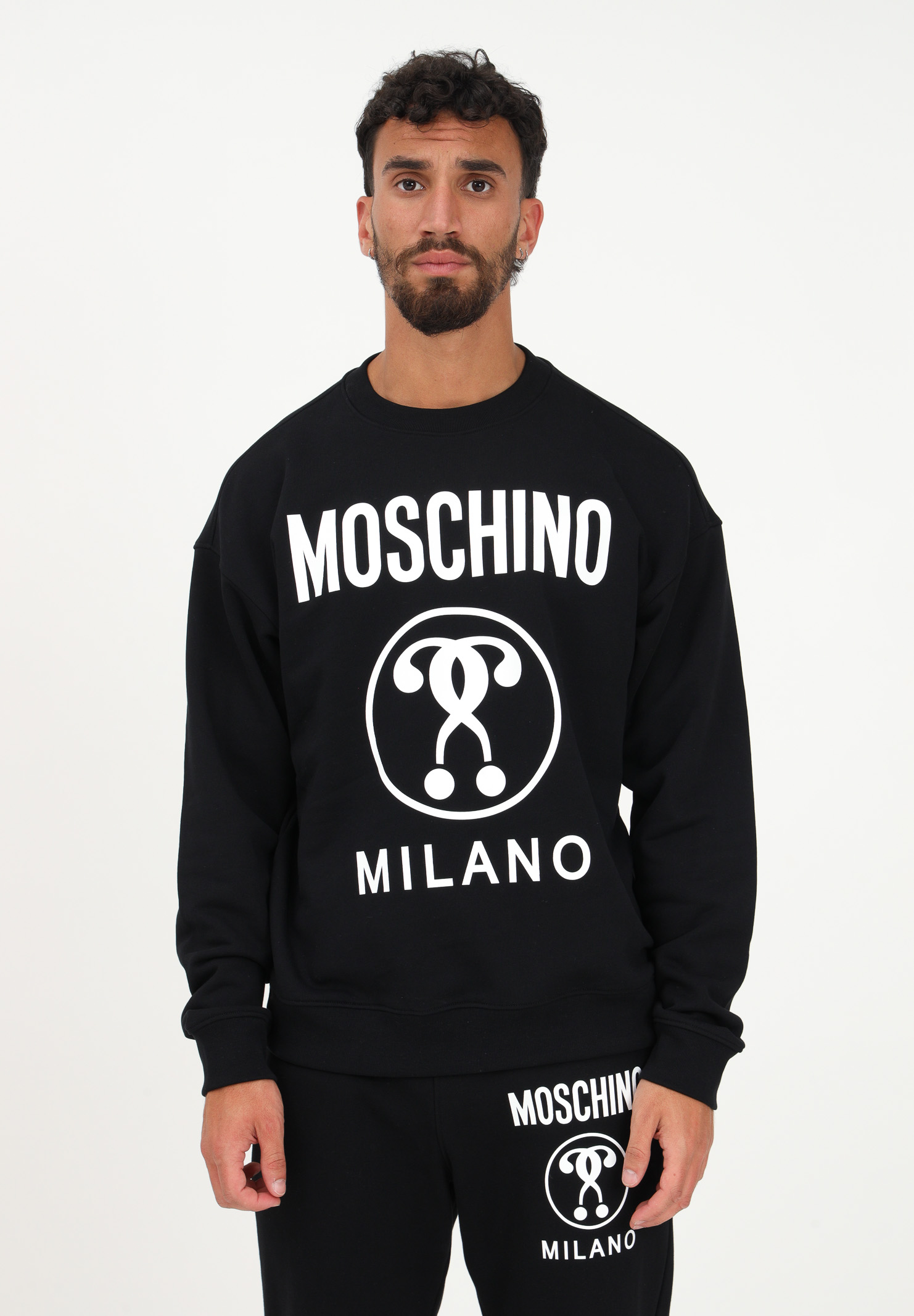 Black men's sweatshirt with Double Question Mark logo print MOSCHINO | A170270281555