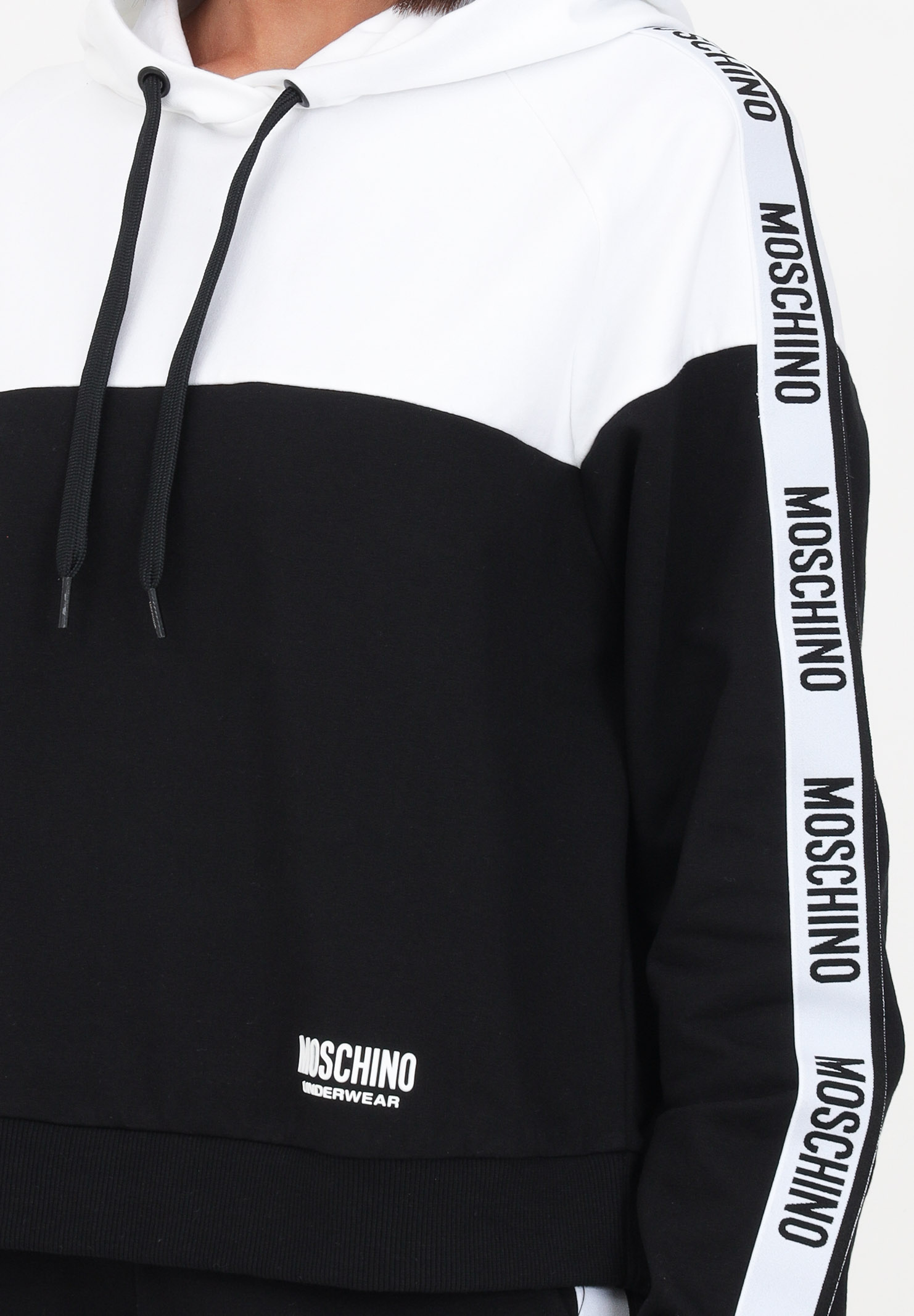 Black and white women's sweatshirt with hood and logoed bands MOSCHINO | A170344131001
