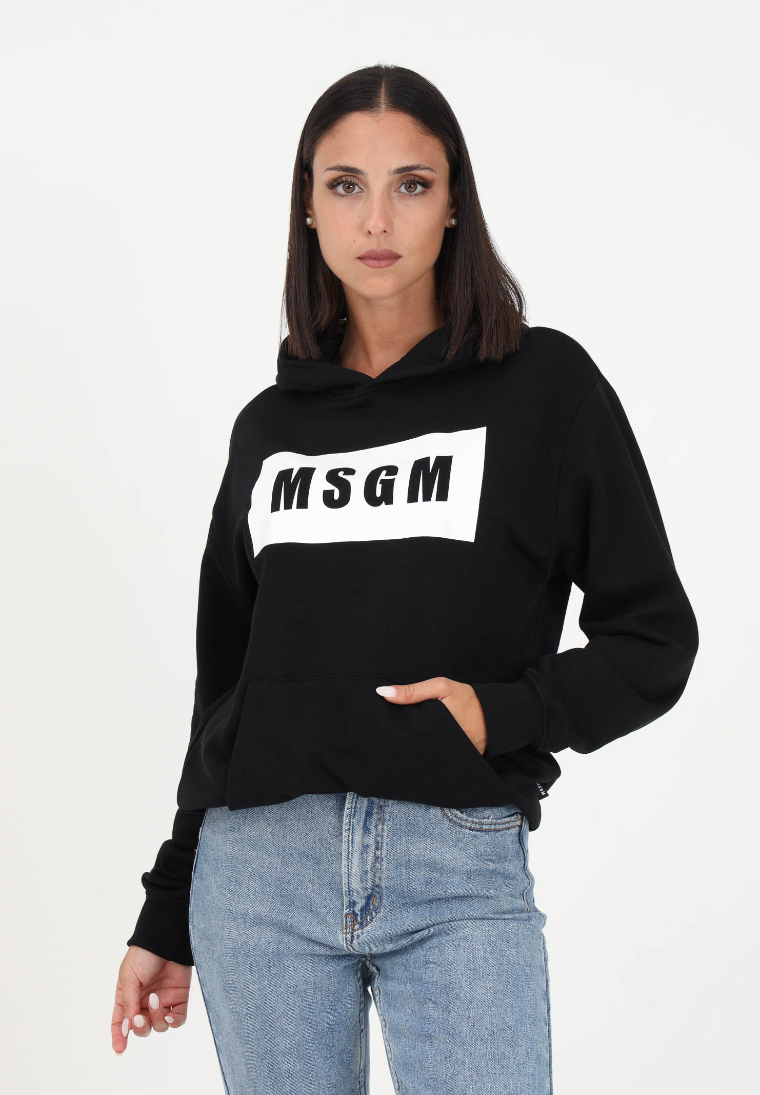 Felpa nera da donna con cappuccio e stampa logo MSGM | F3MSJUHS018110