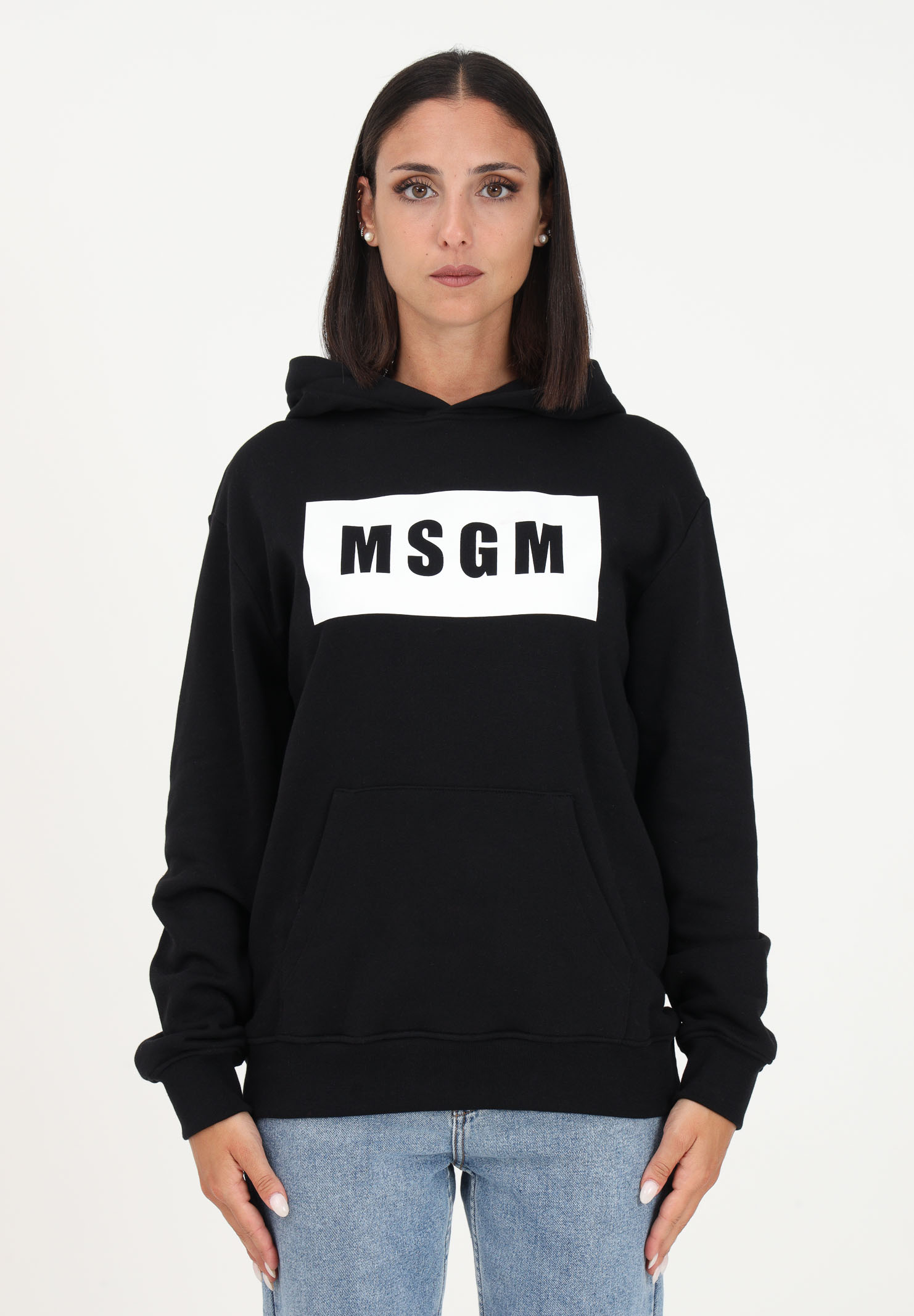 Felpa nera da donna con cappuccio e stampa logo MSGM | F3MSJUHS018110