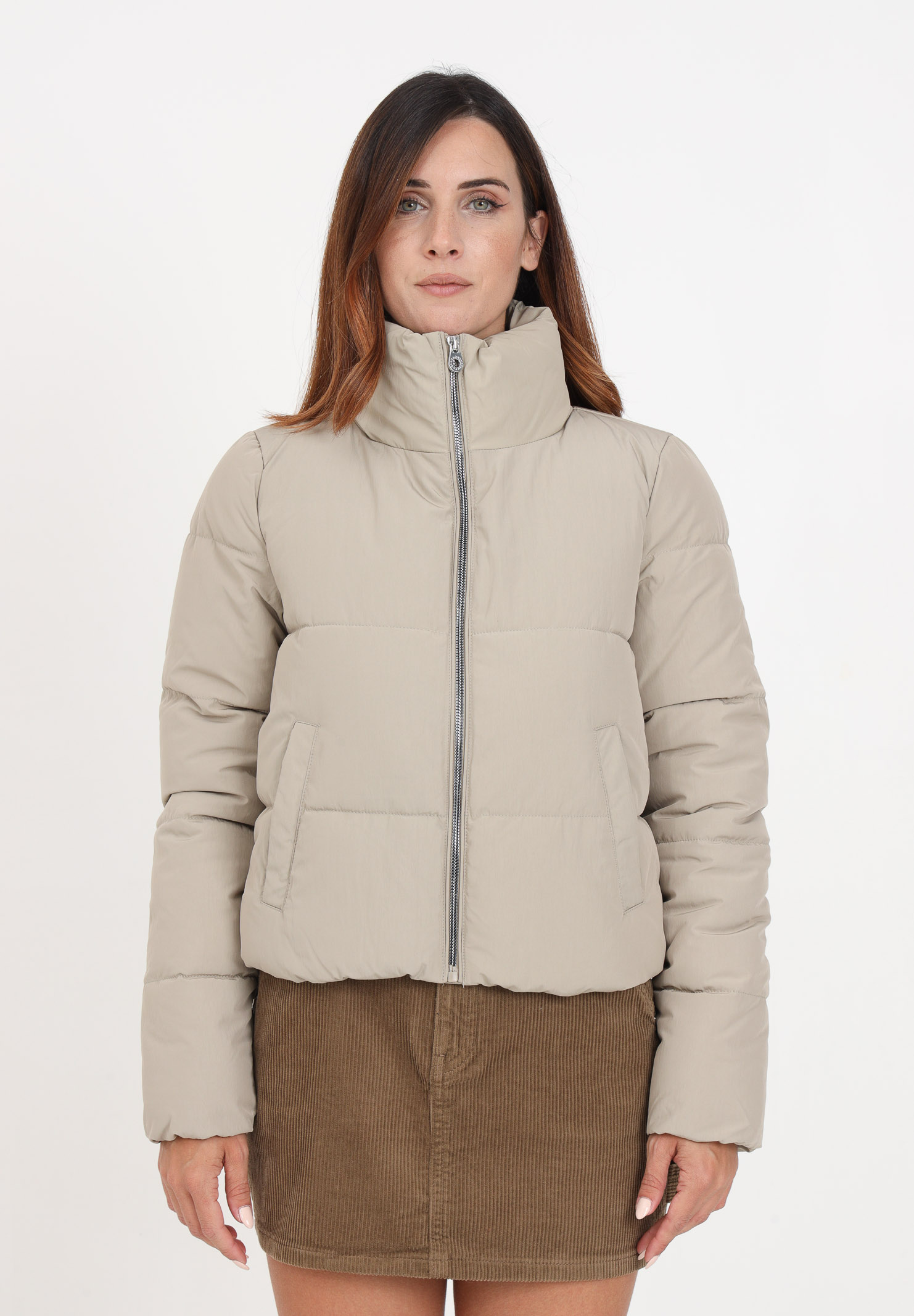 Beige women's high-neck down jacket with zip and side pockets - ONLY ...
