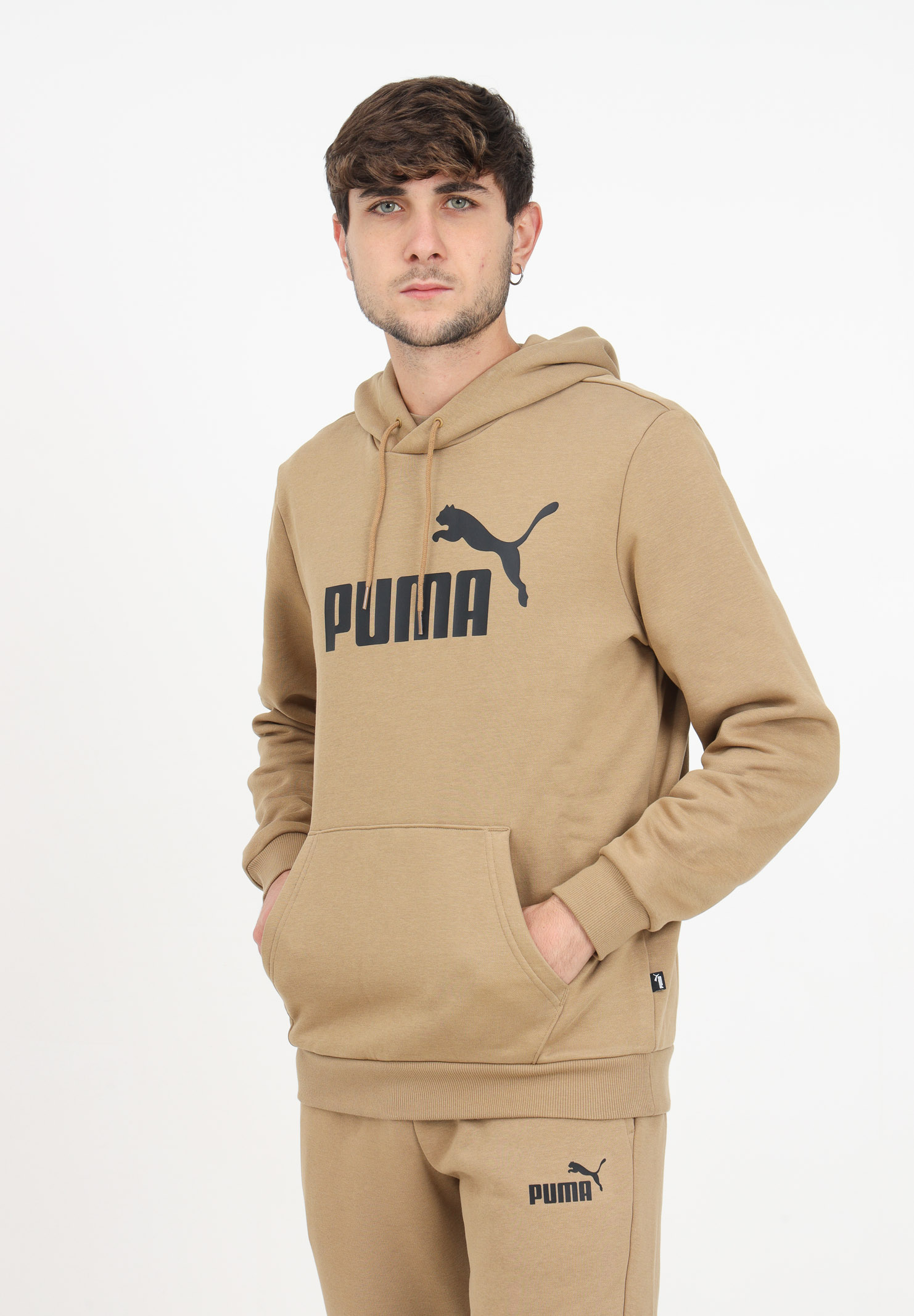 Dark beige sweatshirt with hood and logo for men