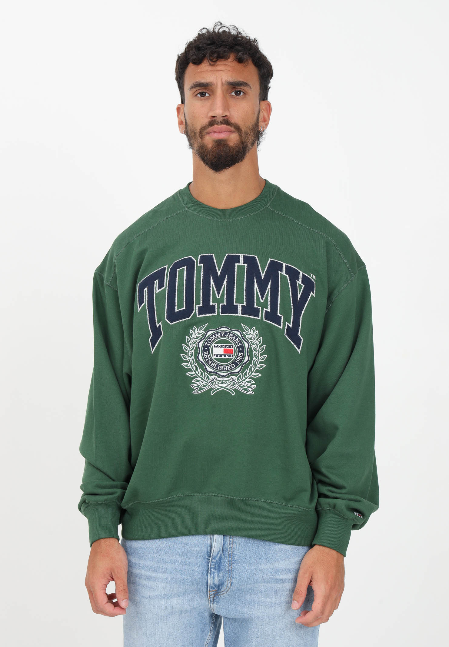 Green crew-neck college sweatshirt for men TOMMY JEANS | DM0DM16804L2ML2M