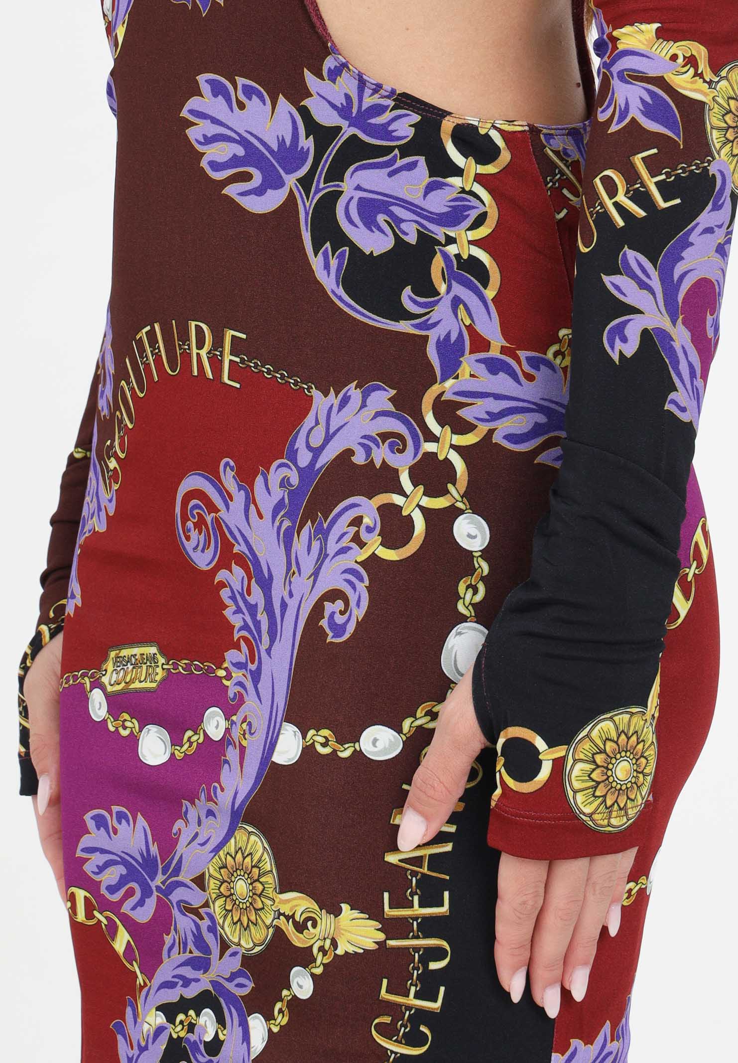 Miniabito borgogna con cut-out e fantasia chain couture da donna VERSACE JEANS COUTURE | 75HAO919JS204G51