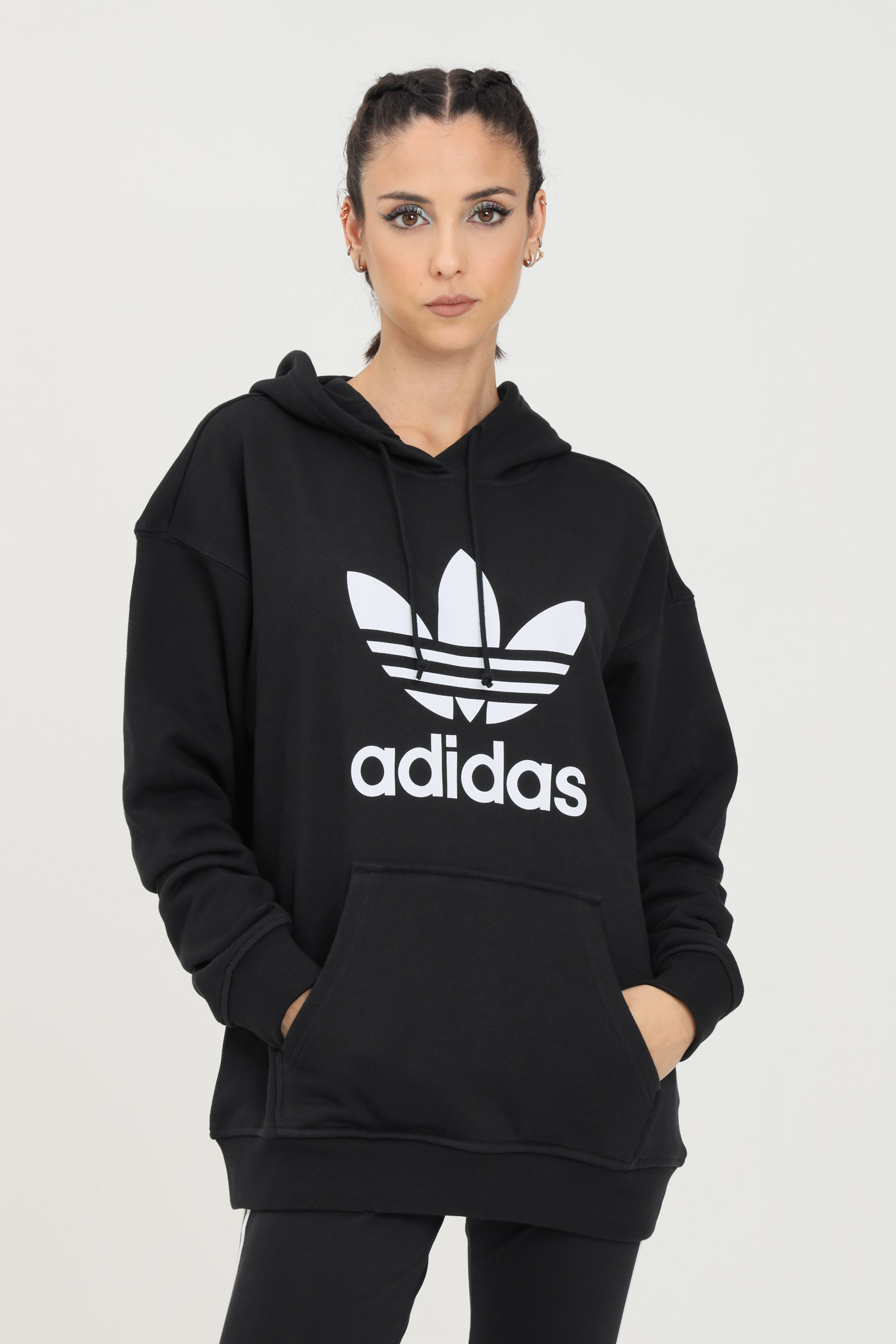 Felpa hoodie adidas adicolor trefoil da donna nera con cappuccio ADIDAS | FM3307.