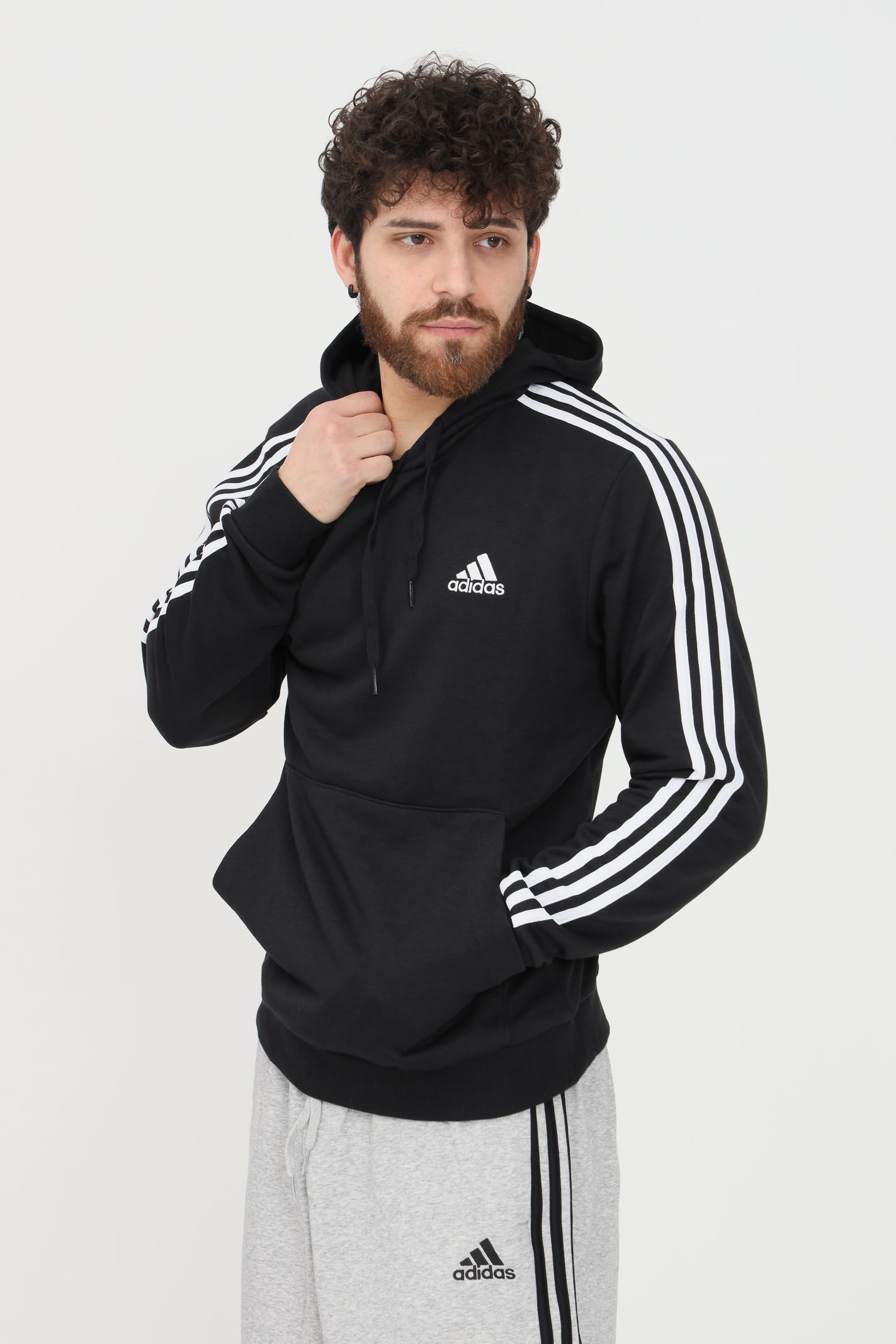 Essential 3-stripes black sweatshirt for men with hood ADIDAS | GK9062.