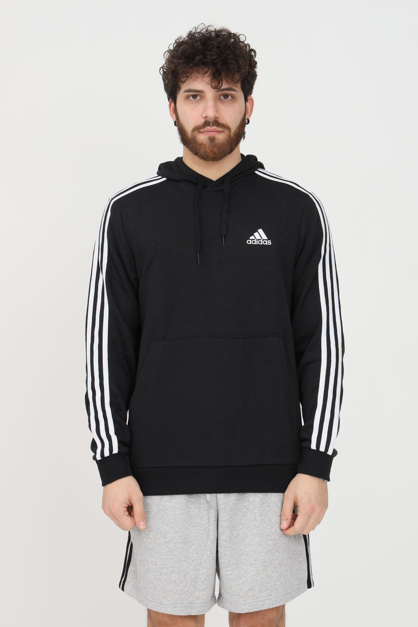 Essential 3-stripes black sweatshirt for men with hood ADIDAS | GK9062.