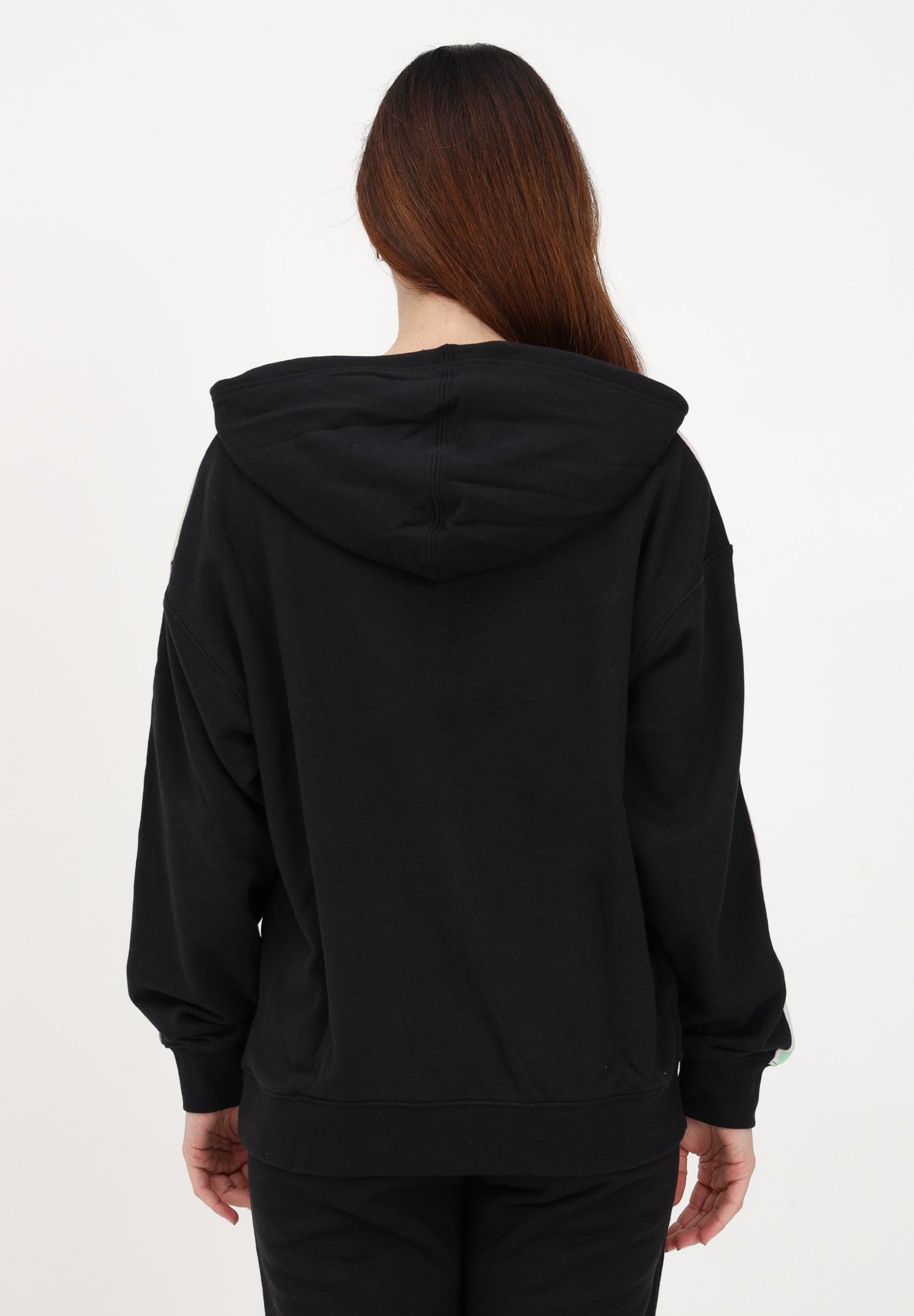 Black women's sweatshirt with hood and logo bands on the sleeves ADIDAS | HM1533.