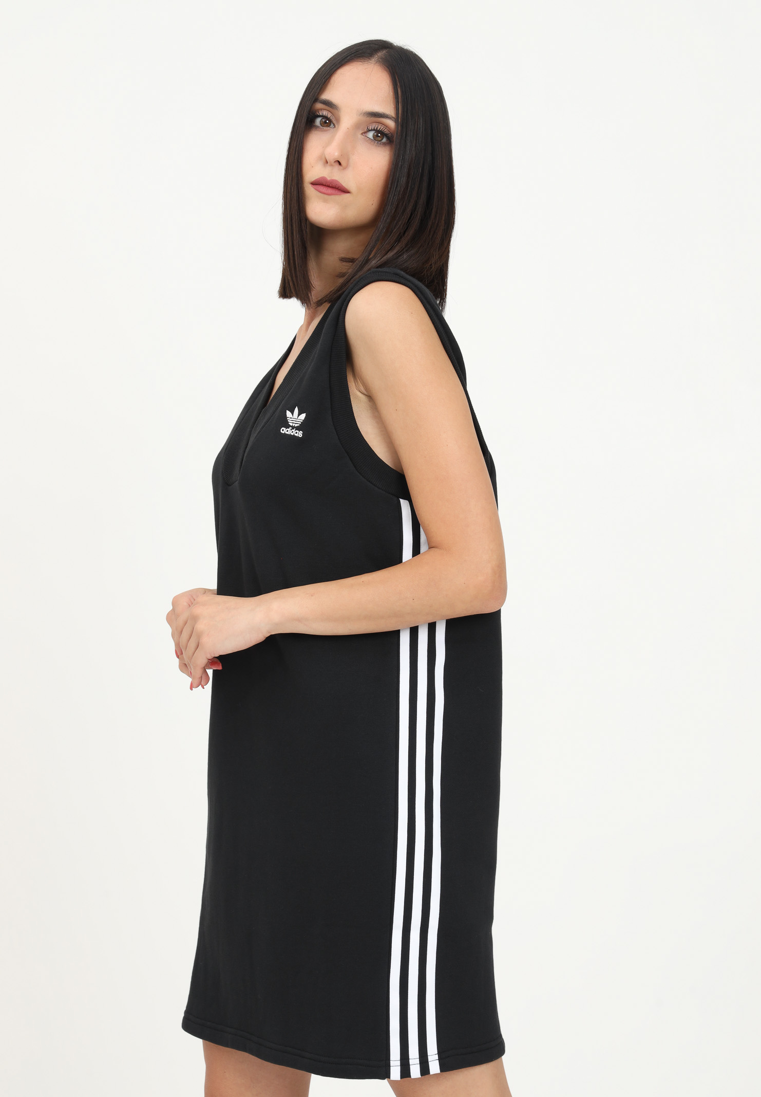 Black short dress for women with logo embroidery and 3 side stripes ADIDAS | HM2134.