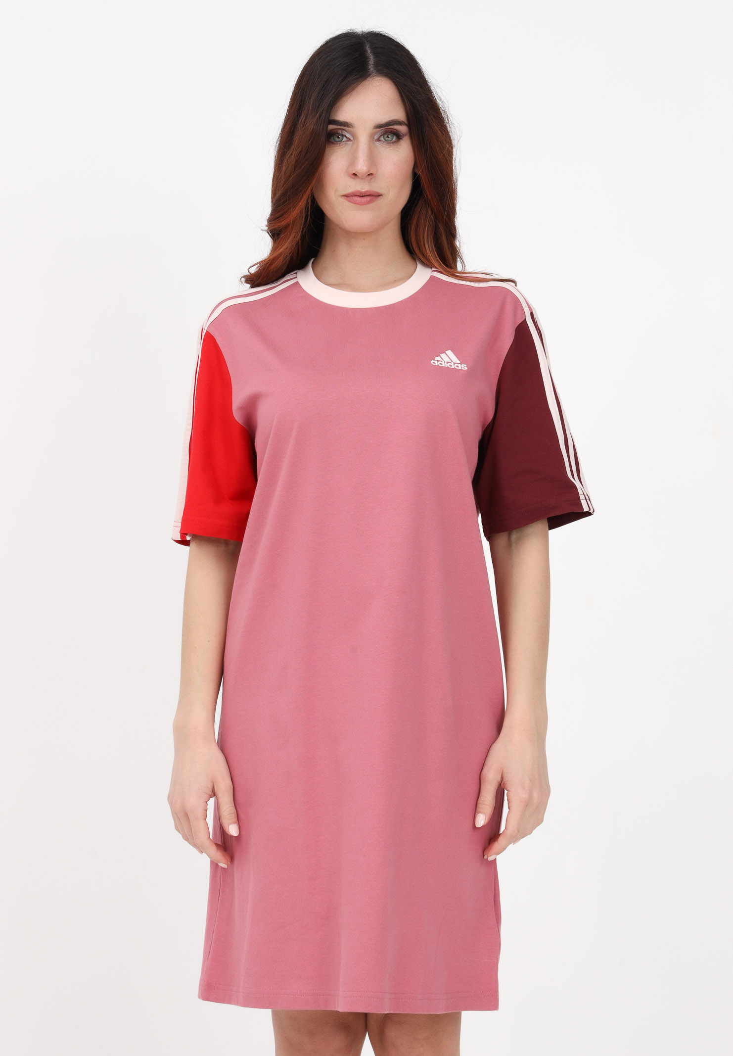 Women's Essentials 3-Stripes Single Jersey Boyfriend Tee Pink Short Dress ADIDAS | IC1461.