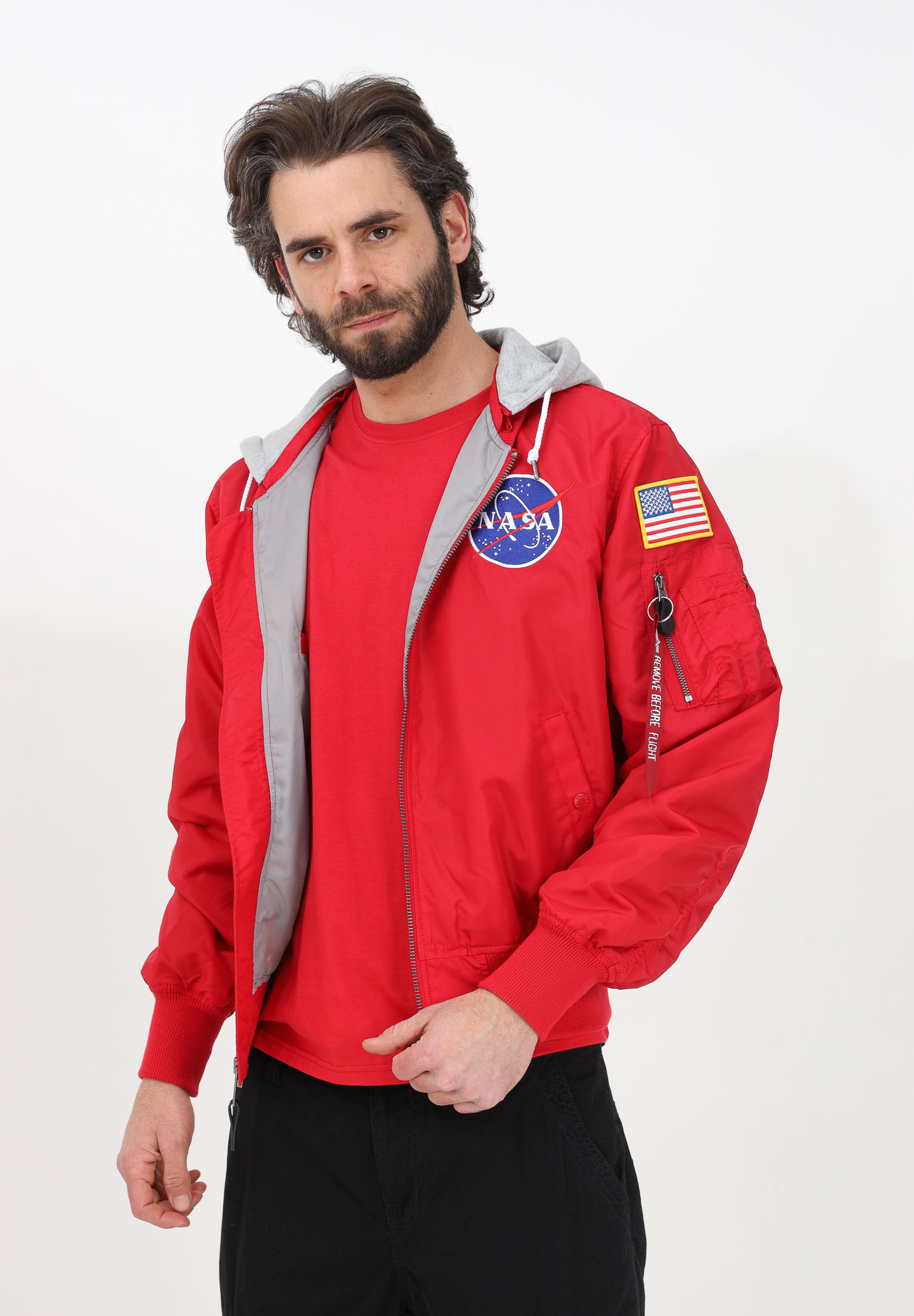 Red bomber jacket for men with hood and patch ALPHA INDUSTRIES | 136106665