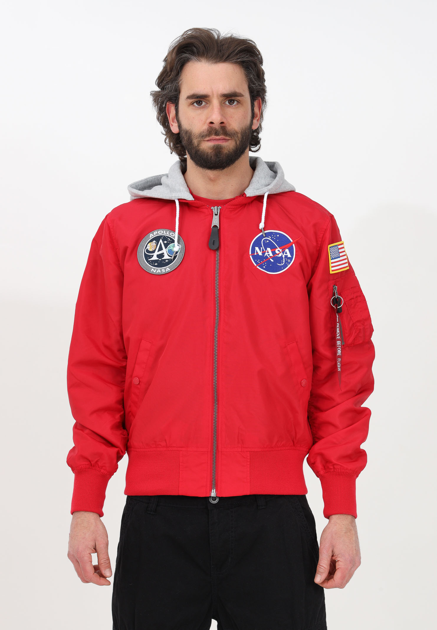 Red bomber jacket for men with hood and patch ALPHA INDUSTRIES | 136106665