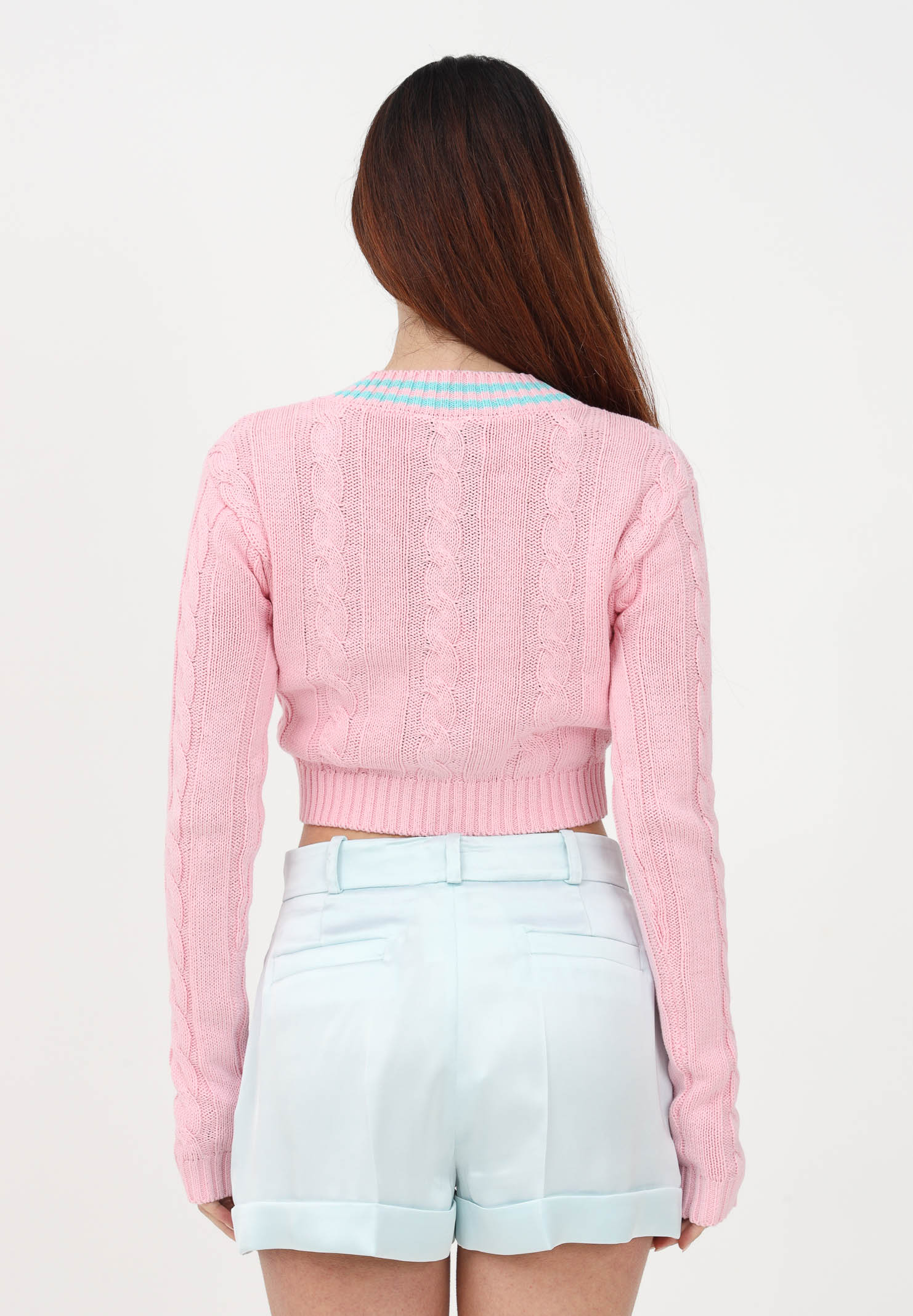 Pink crew-neck crop sweater for women with cable motif and logo patch CHIARA FERRAGNI | 74CBFM19CMH19439