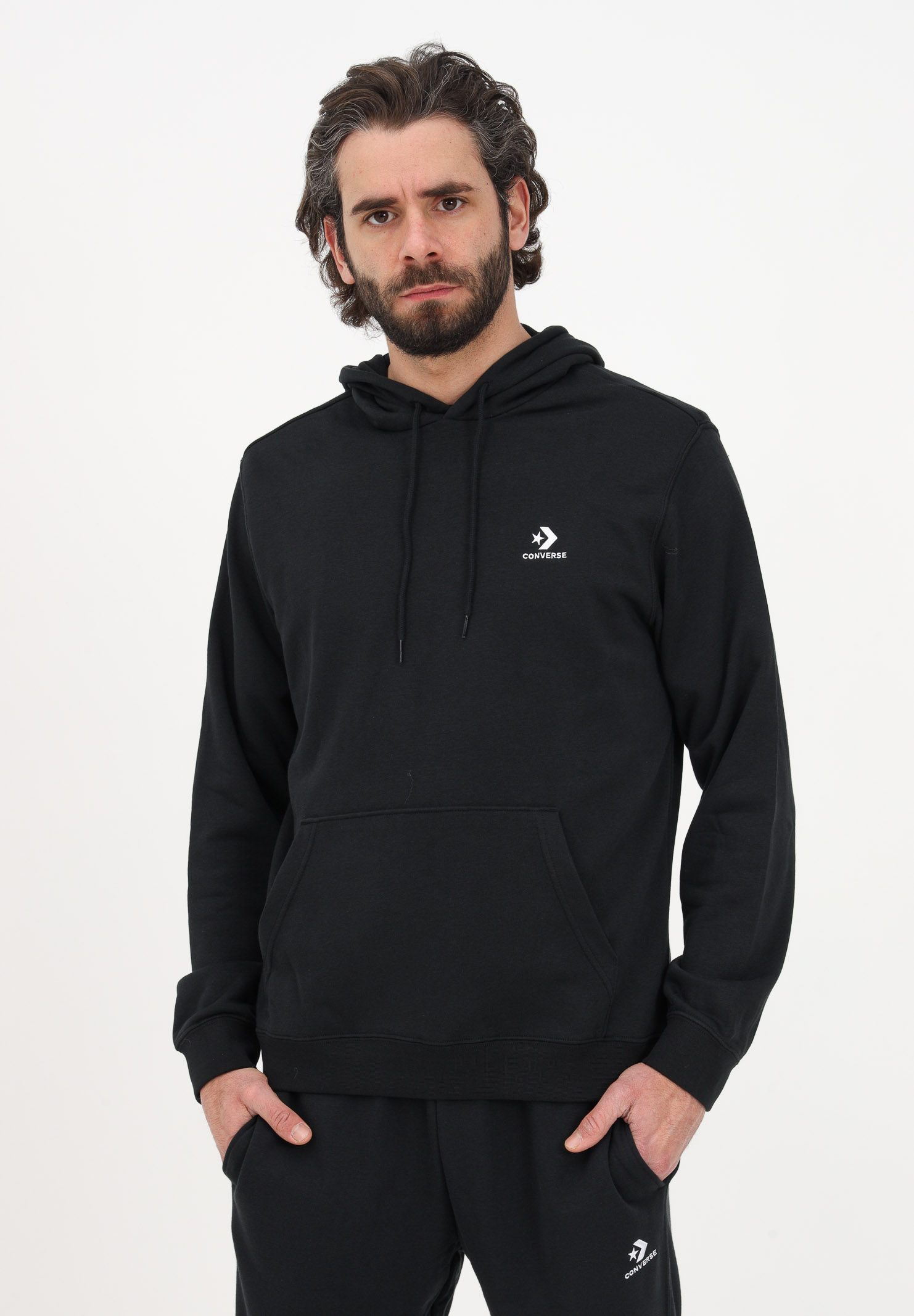 Black men's sweatshirt with hood and logo embroidery CONVERSE | 10023874-A01BLACK
