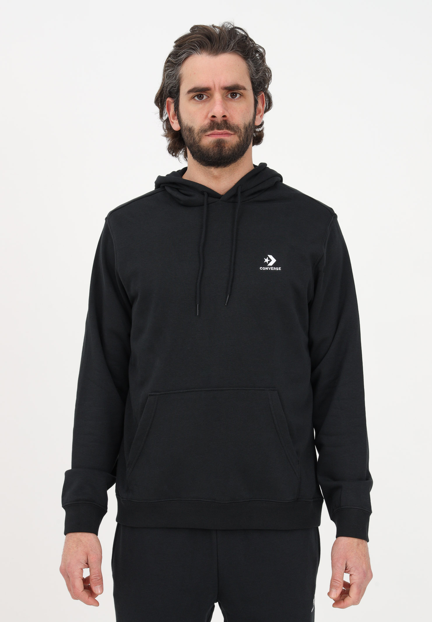 Black men's sweatshirt with hood and logo embroidery CONVERSE | 10023874-A01BLACK