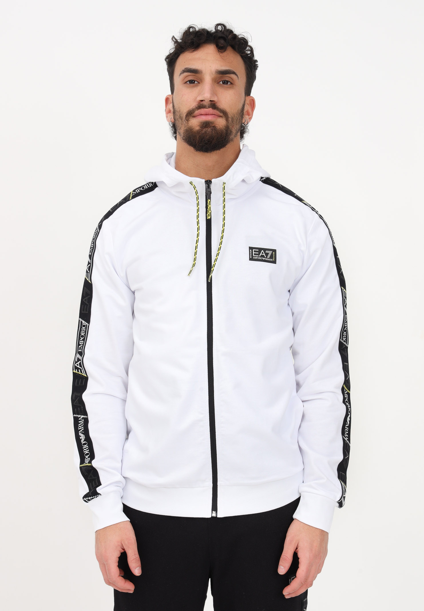 Men's white hooded zip-up sweatshirt with logo tape EA7 | 3RPM09PJ05Z1100
