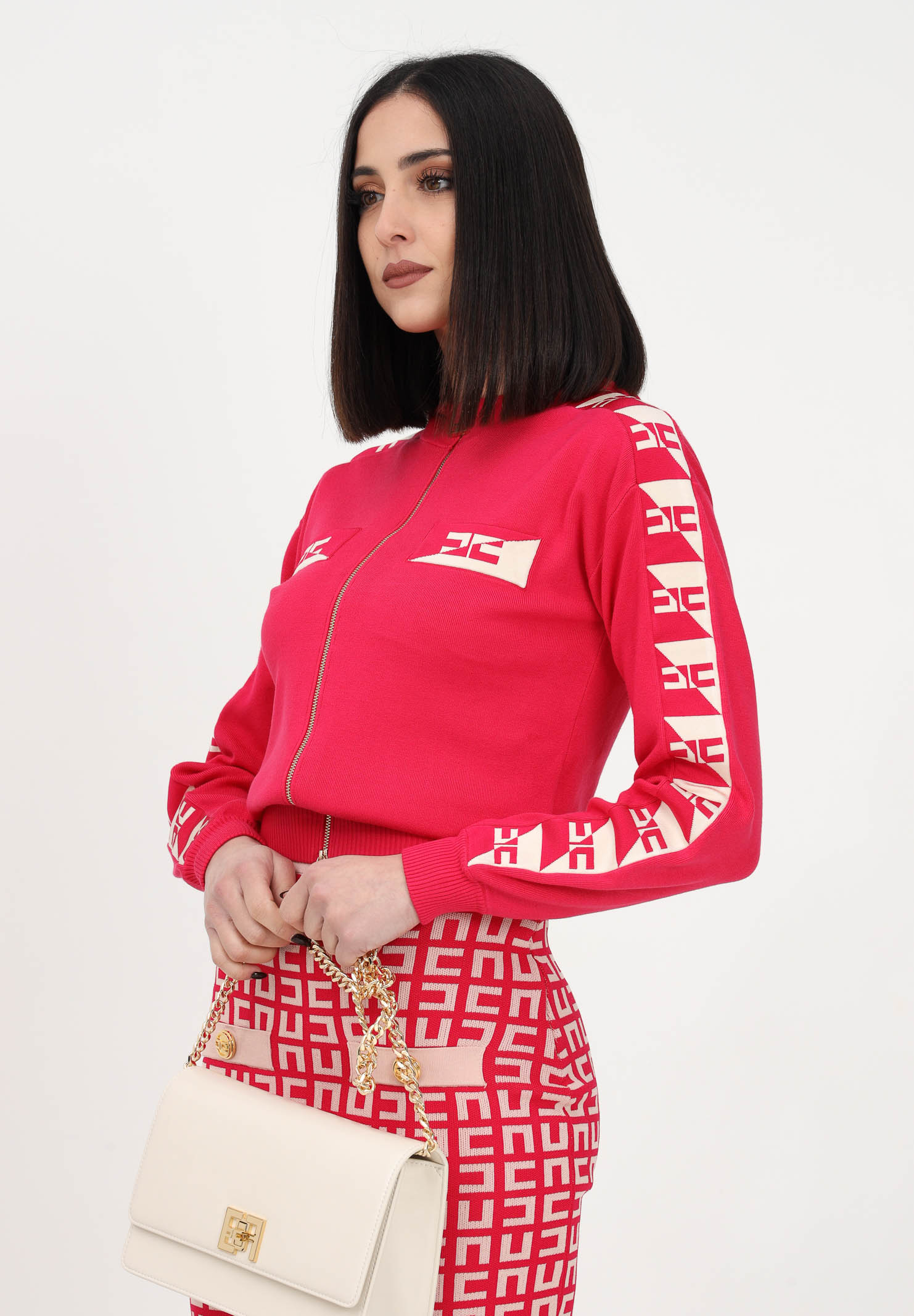 Fuchsia women's sweatshirt with zip and logoed bands ELISABETTA FRANCHI | MK21S31E2560