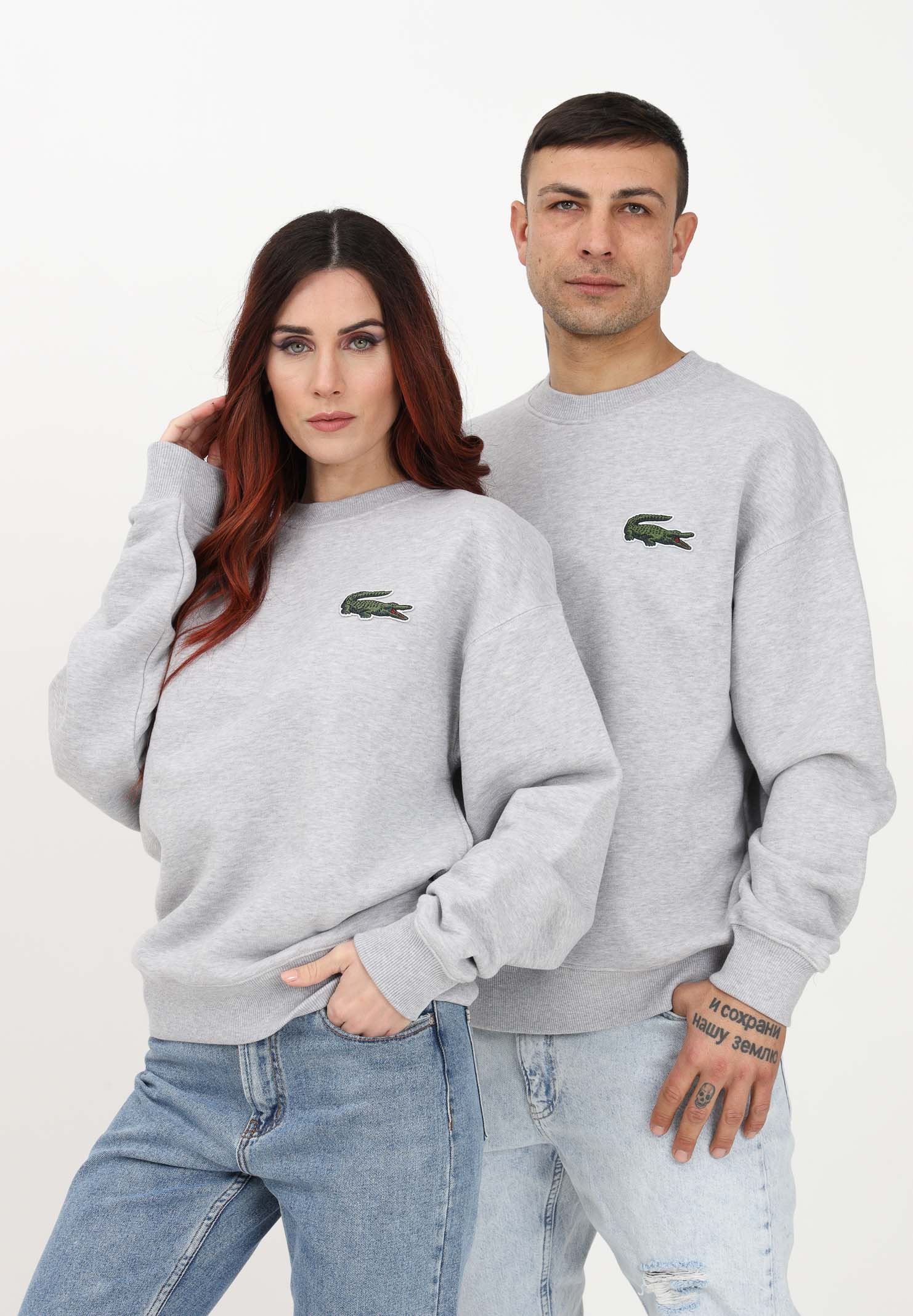 Gray crewneck sweatshirt for men and women with logo application LACOSTE | SH6405CCA