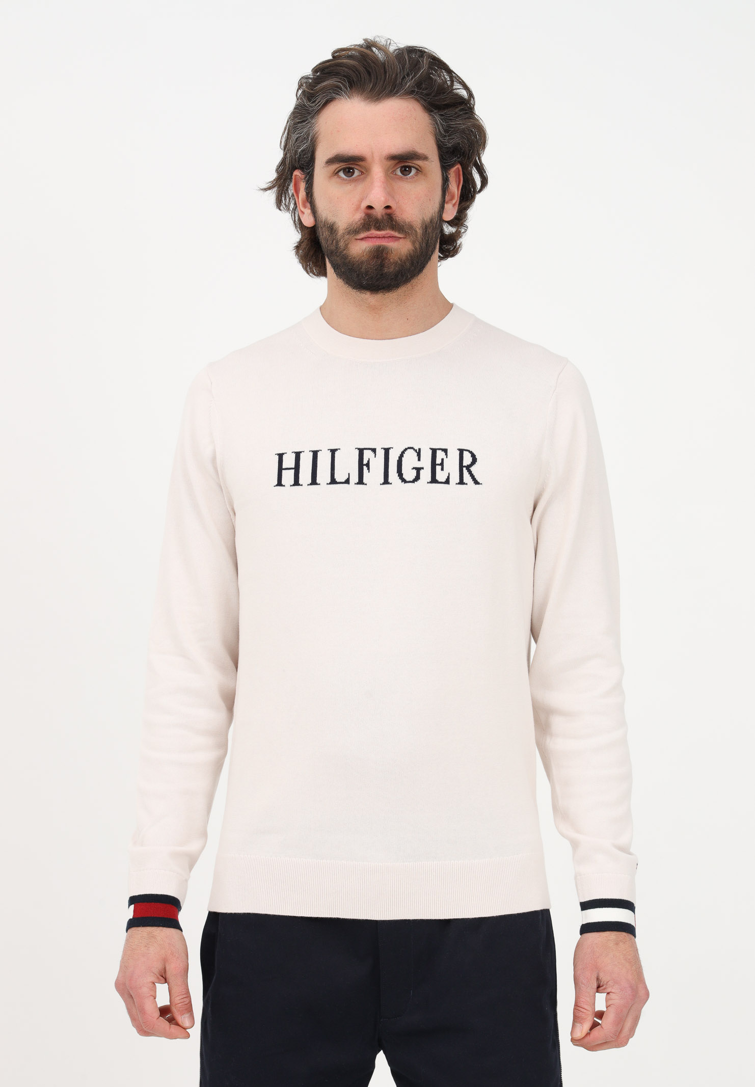 Men's beige crew-neck sweater with lettering logo TOMMY HILFIGER | MW0MW29045AF4AF4