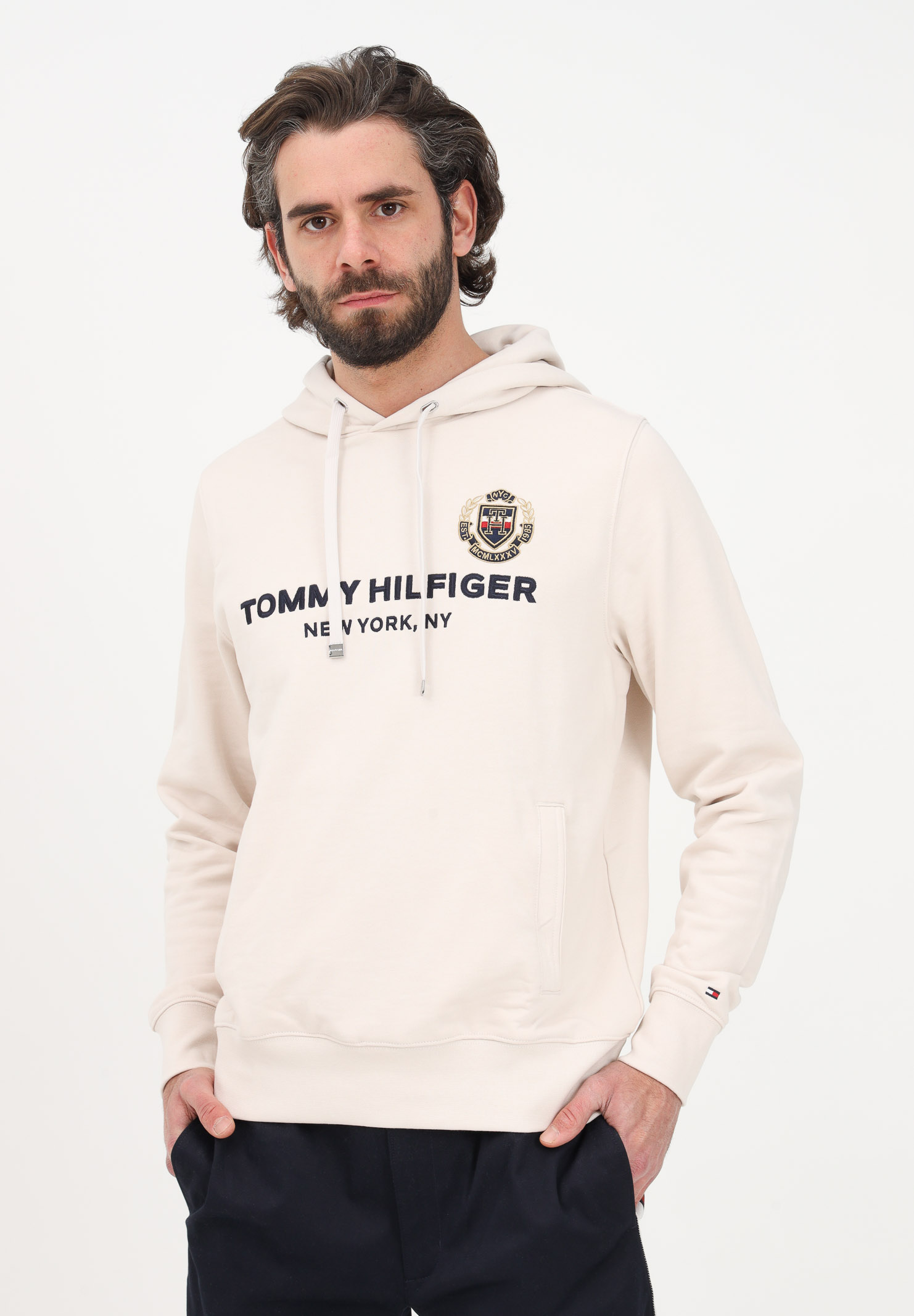 Beige men's sweatshirt with hood and logo embroidery TOMMY HILFIGER | MW0MW29721AF4AF4