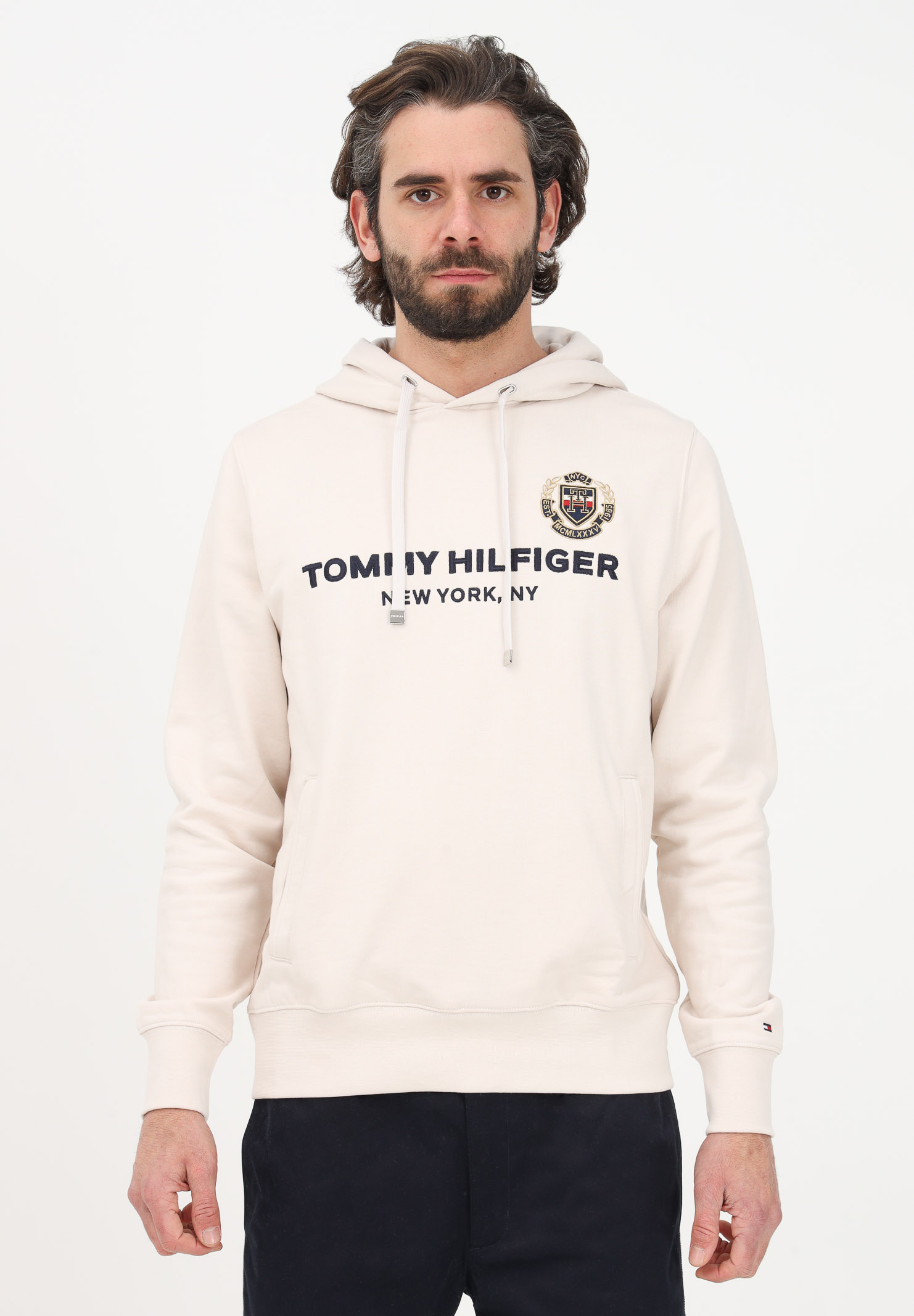 Beige men's sweatshirt with hood and logo embroidery TOMMY HILFIGER | MW0MW29721AF4AF4