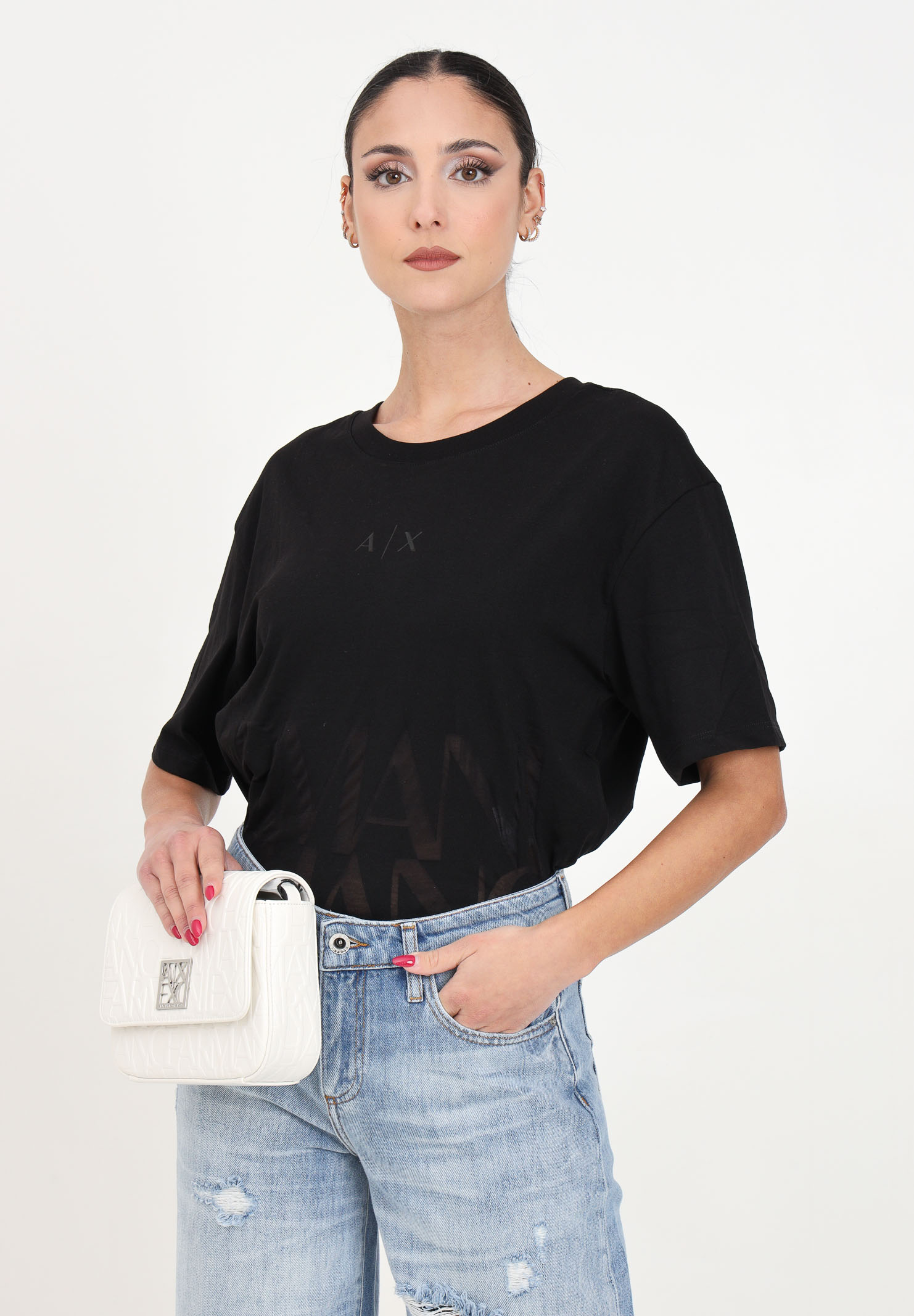 T-shirt da donna nera cropped in misto cotone fiammato