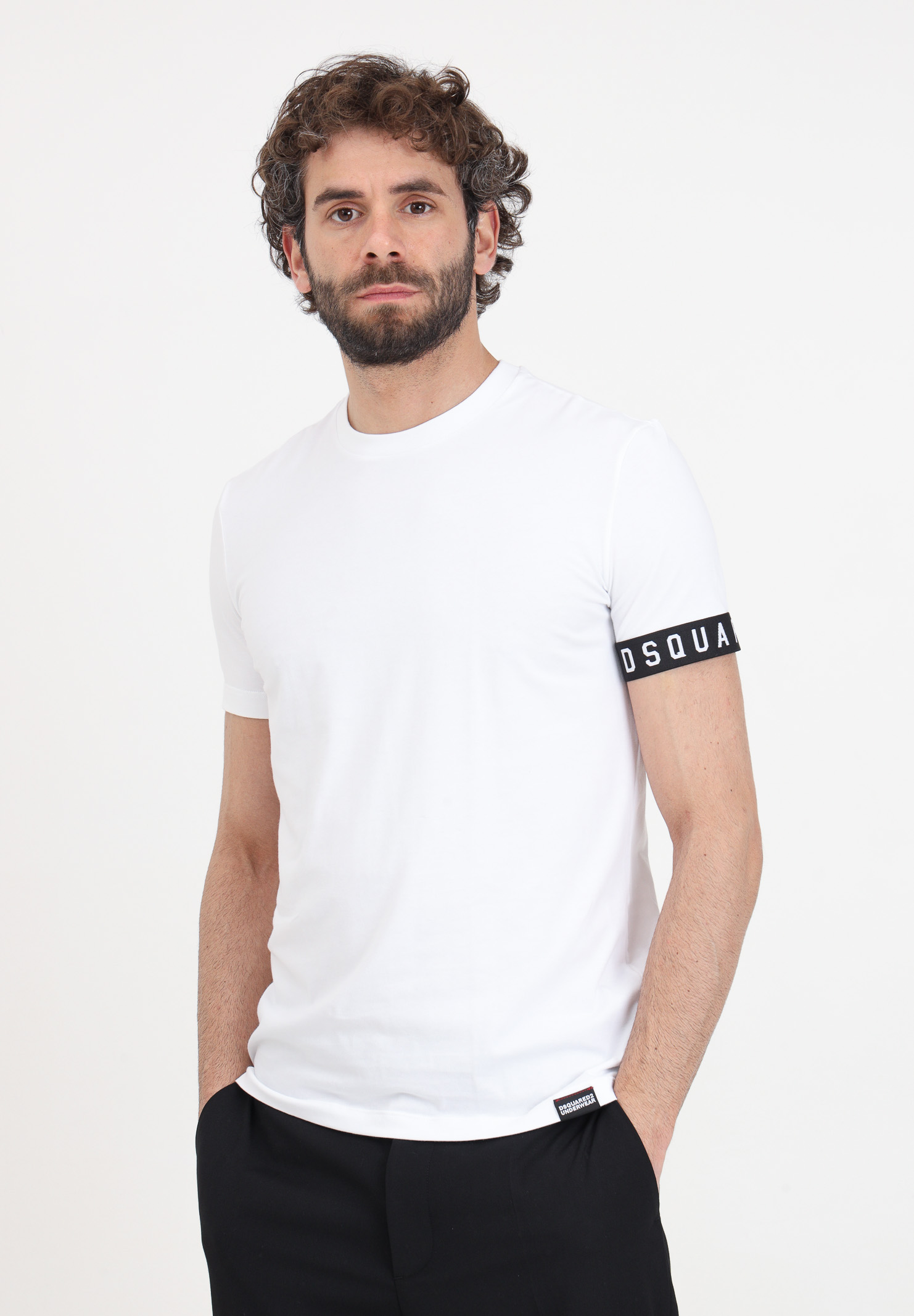 T-shirt da uomo bianca orlo manica elastico logato