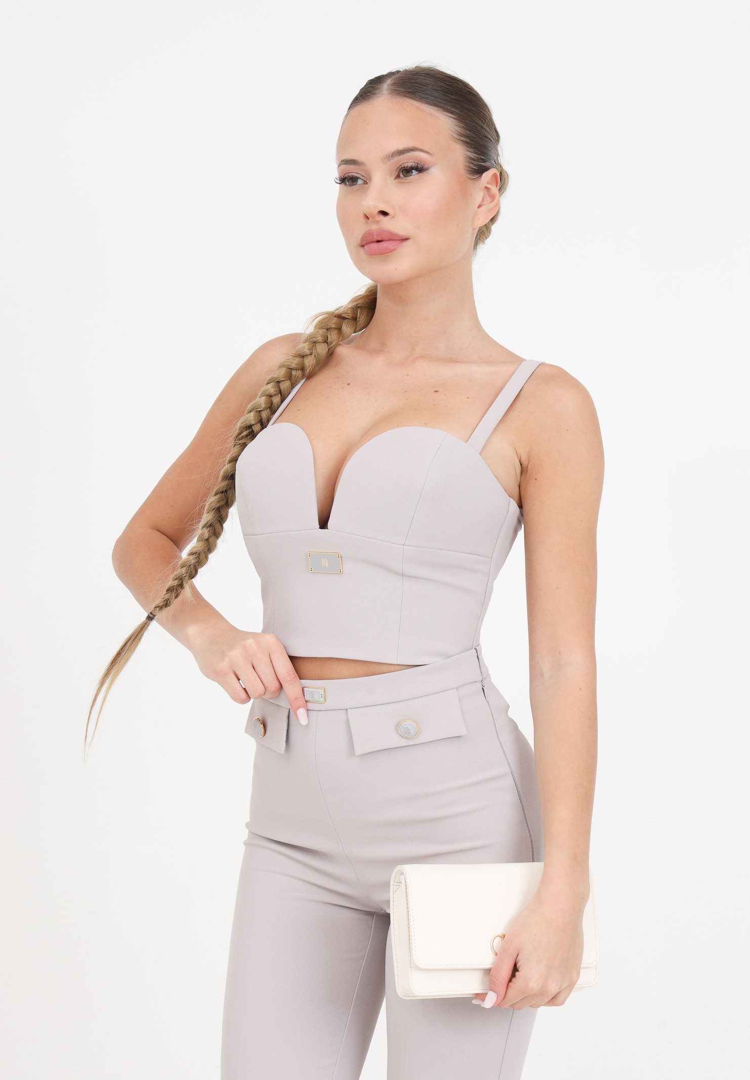 Pearl gray crepe bustier women's top with enamelled logo plaque