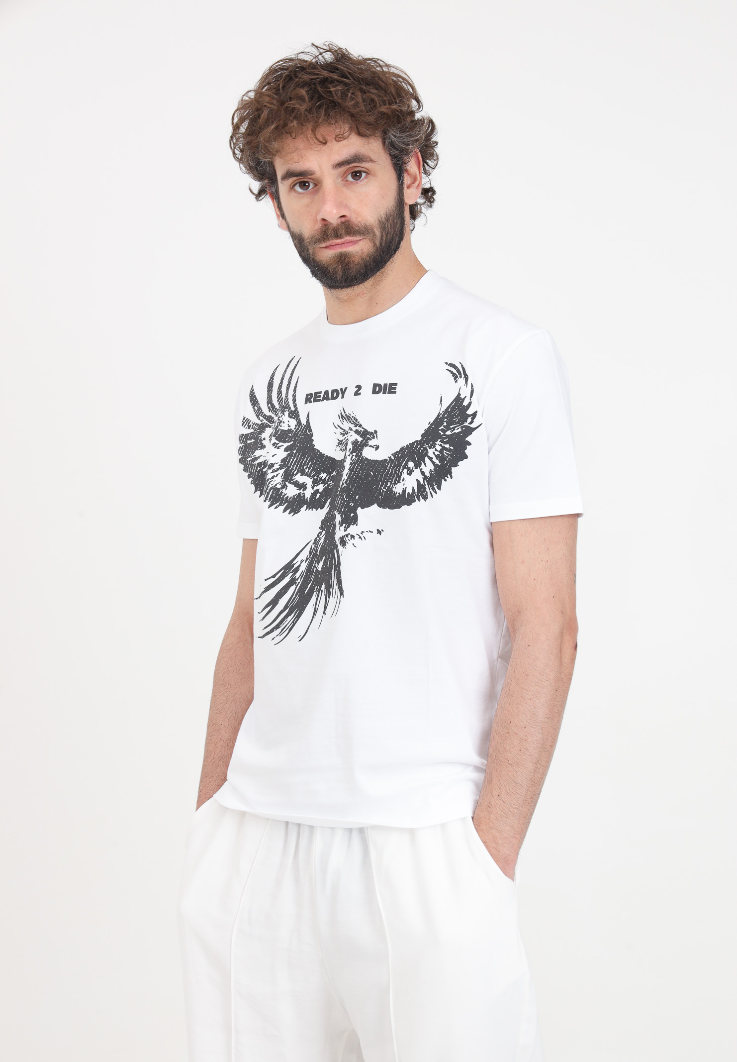 T-shirt da uomo bianca con stampa logo in nero