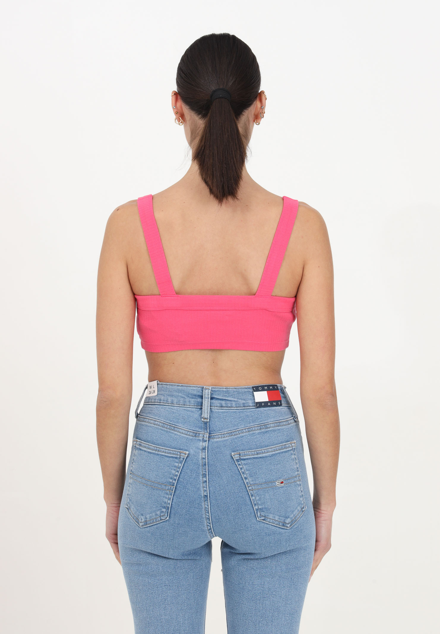 Fuchsia women's crop top in stretch cotton with ribbed texture