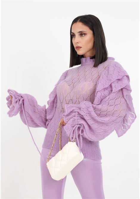 Lilac sweater with lace stitch ruffles for women AKEP | Knitwear | MGKD03054LILLA