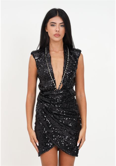 Black sequined minidress with deep neckline and chain for women AMEN | Dresses | HMW23428009