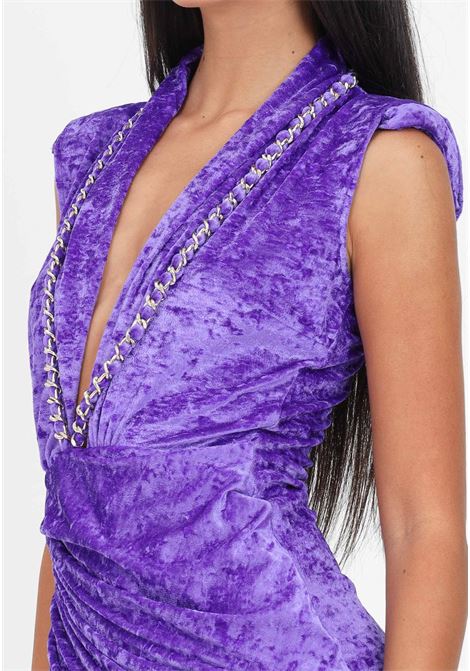Purple stretch velvet dress with chain detail for women AMEN | Dresses | HMW23500046