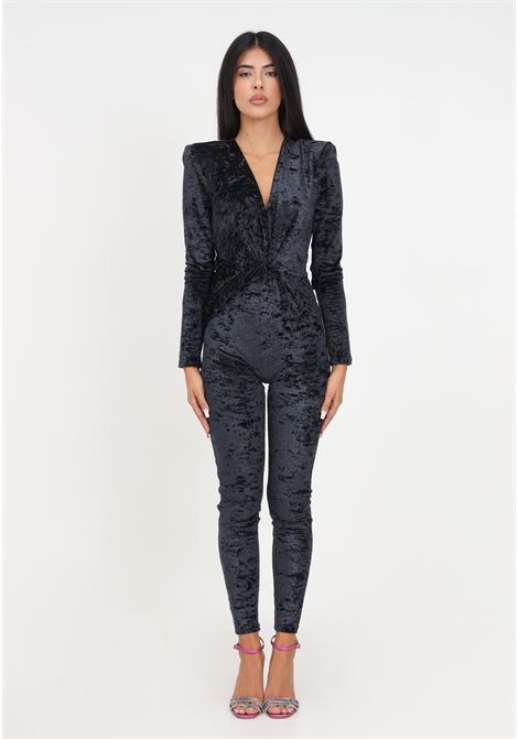 Black stretch velvet catsuit with deep V-neck for women AMEN | Sport suits | HMW23706009