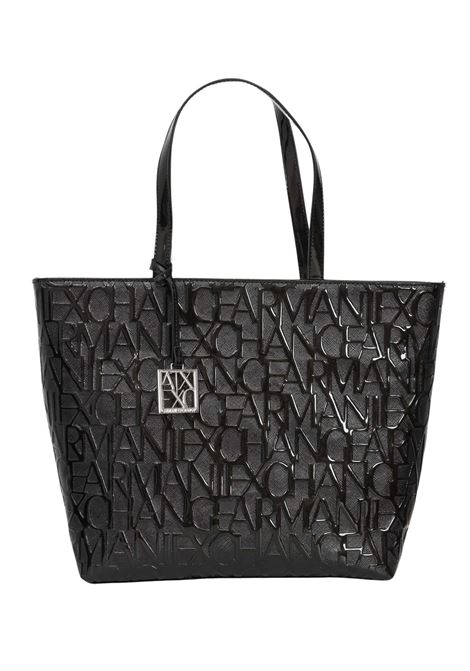 Shopper nera da donna con logo lettering in tono lucido ARMANI EXCHANGE | Borse | 942650CC79400020