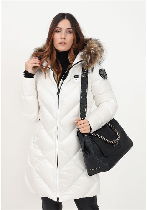 Long white quilted down jacket with rhinestone logo for women BLAUER | Jackets | 23WBLDK03140-006047102TT